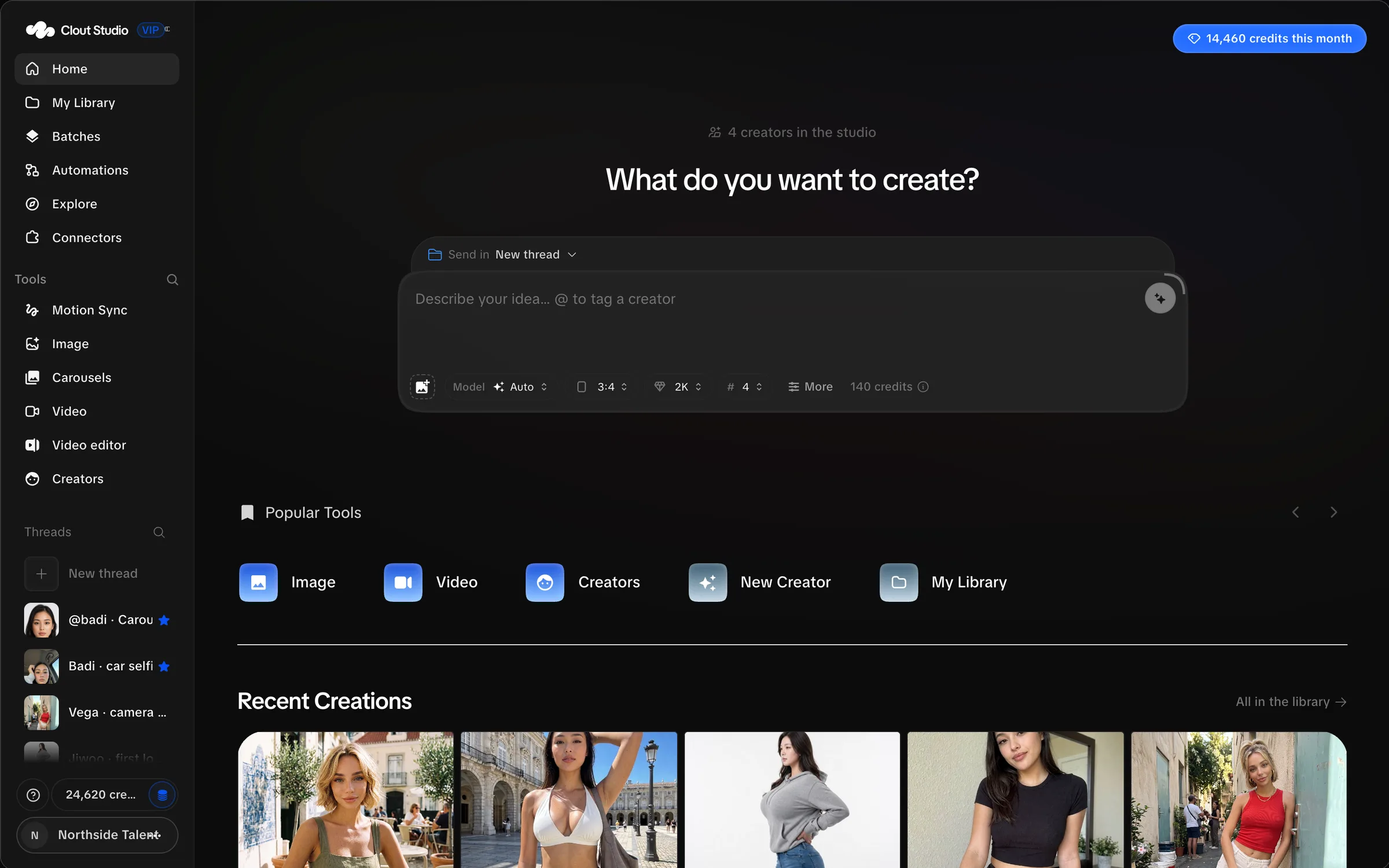 Studio home with creation shortcuts and recent synthetic Creator content