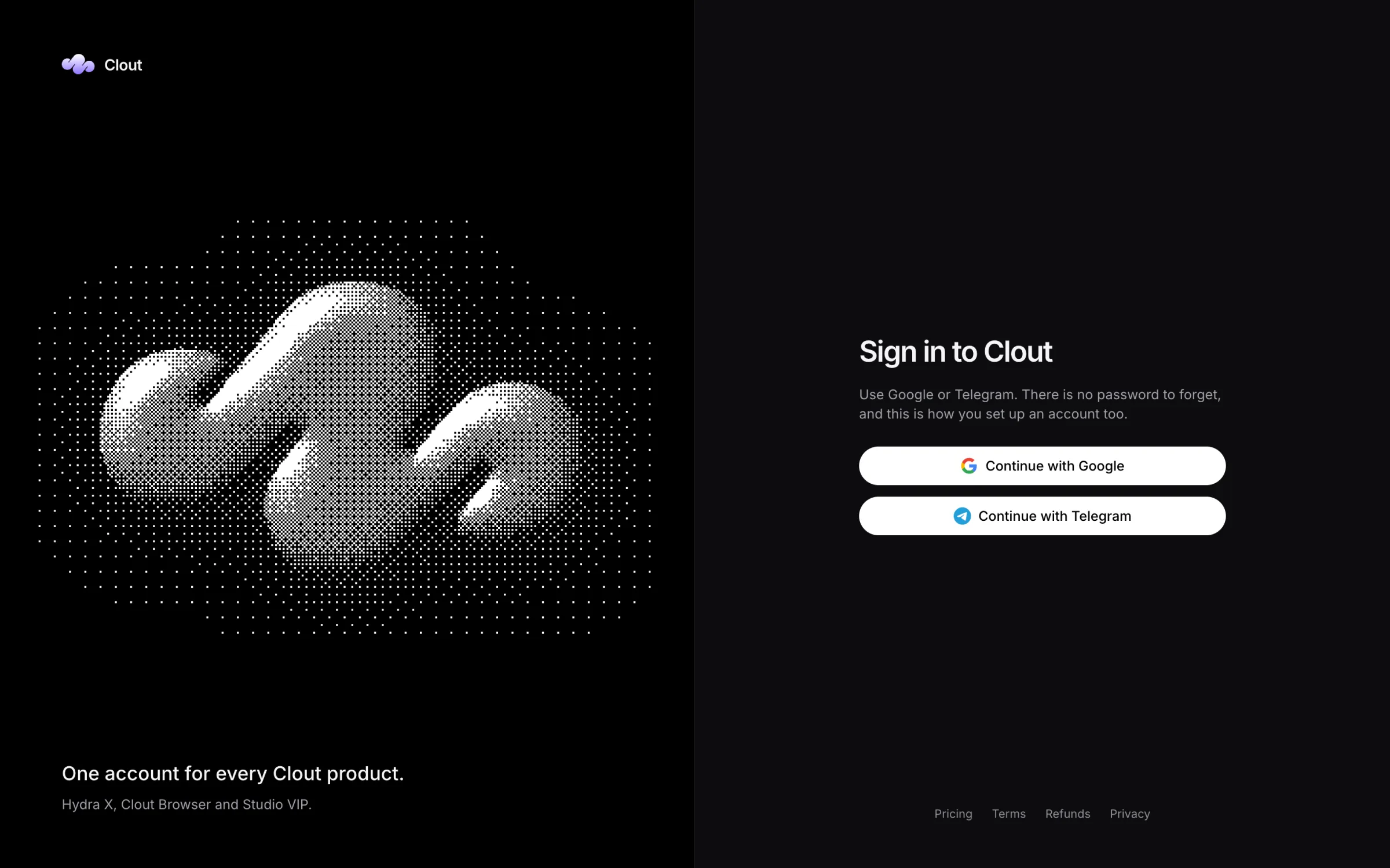Clout sign-in page with Google and Telegram buttons
