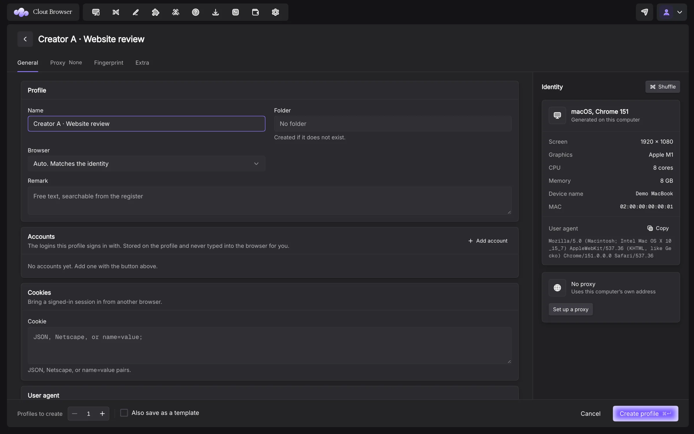 New profile form showing General fields and the Identity panel