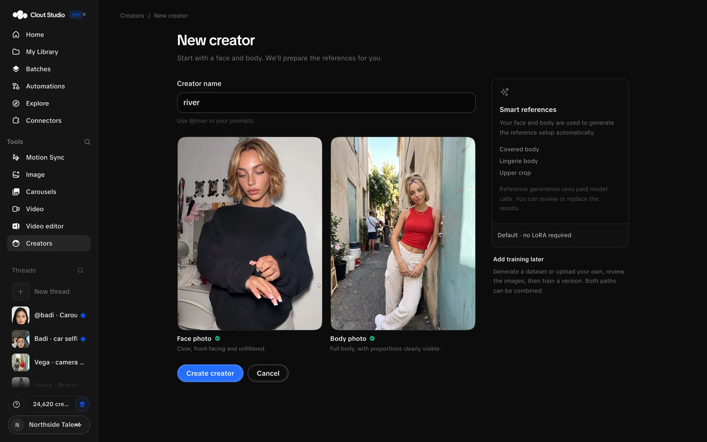 New Creator form with name, face photo and body photo fields
