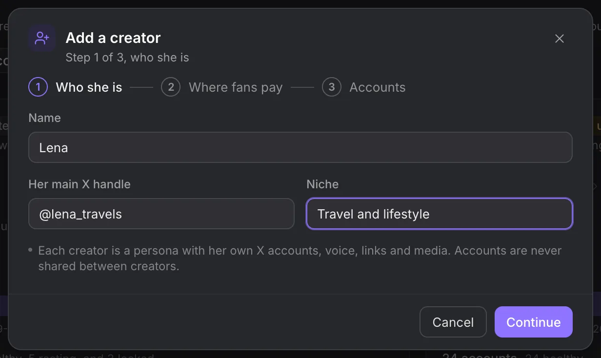 Add a creator with the name, main X handle and niche fields