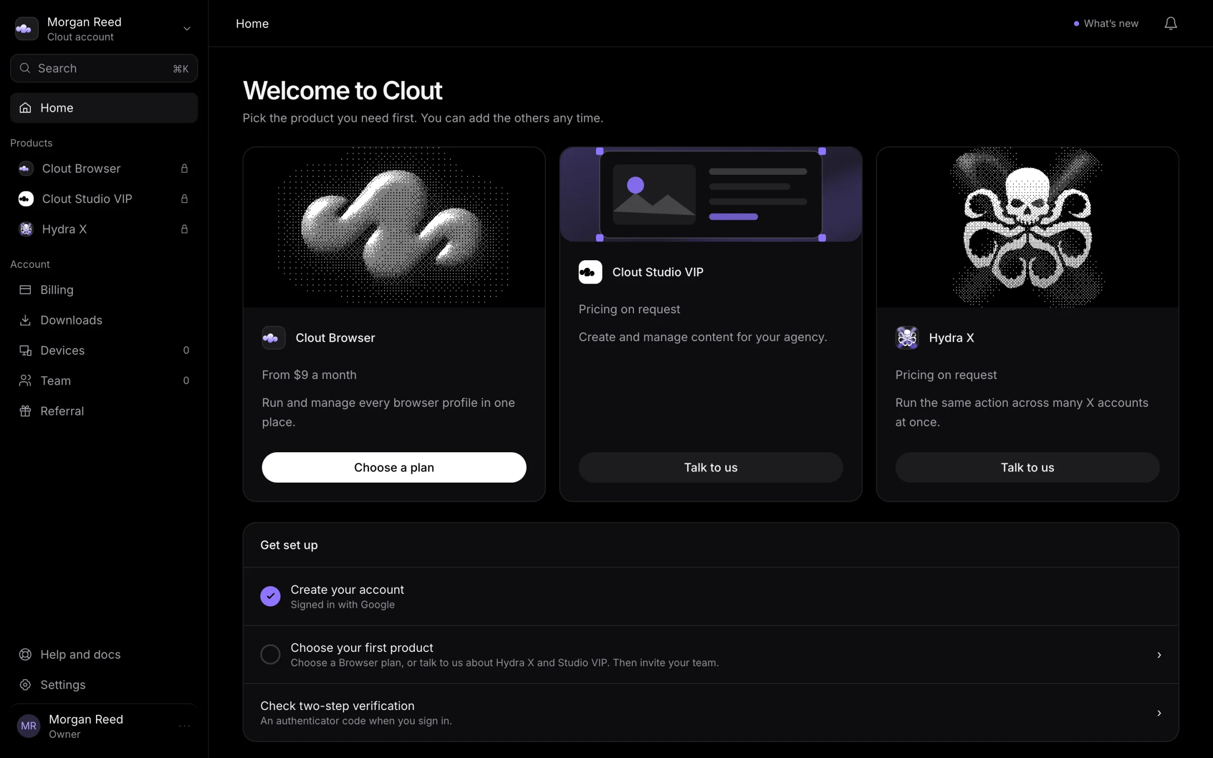 First-run portal home with three product cards and a Get set up checklist