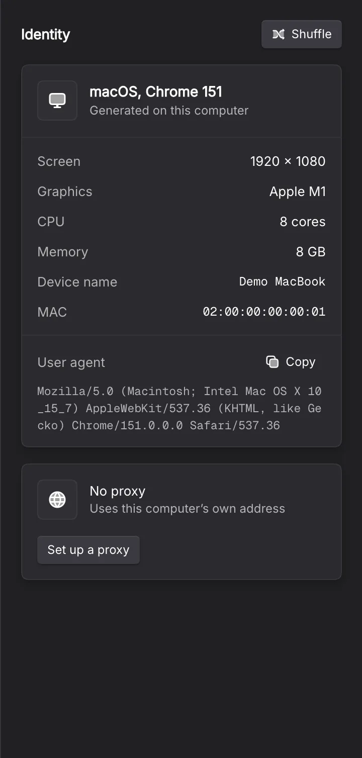 Identity panel showing generated hardware and user agent