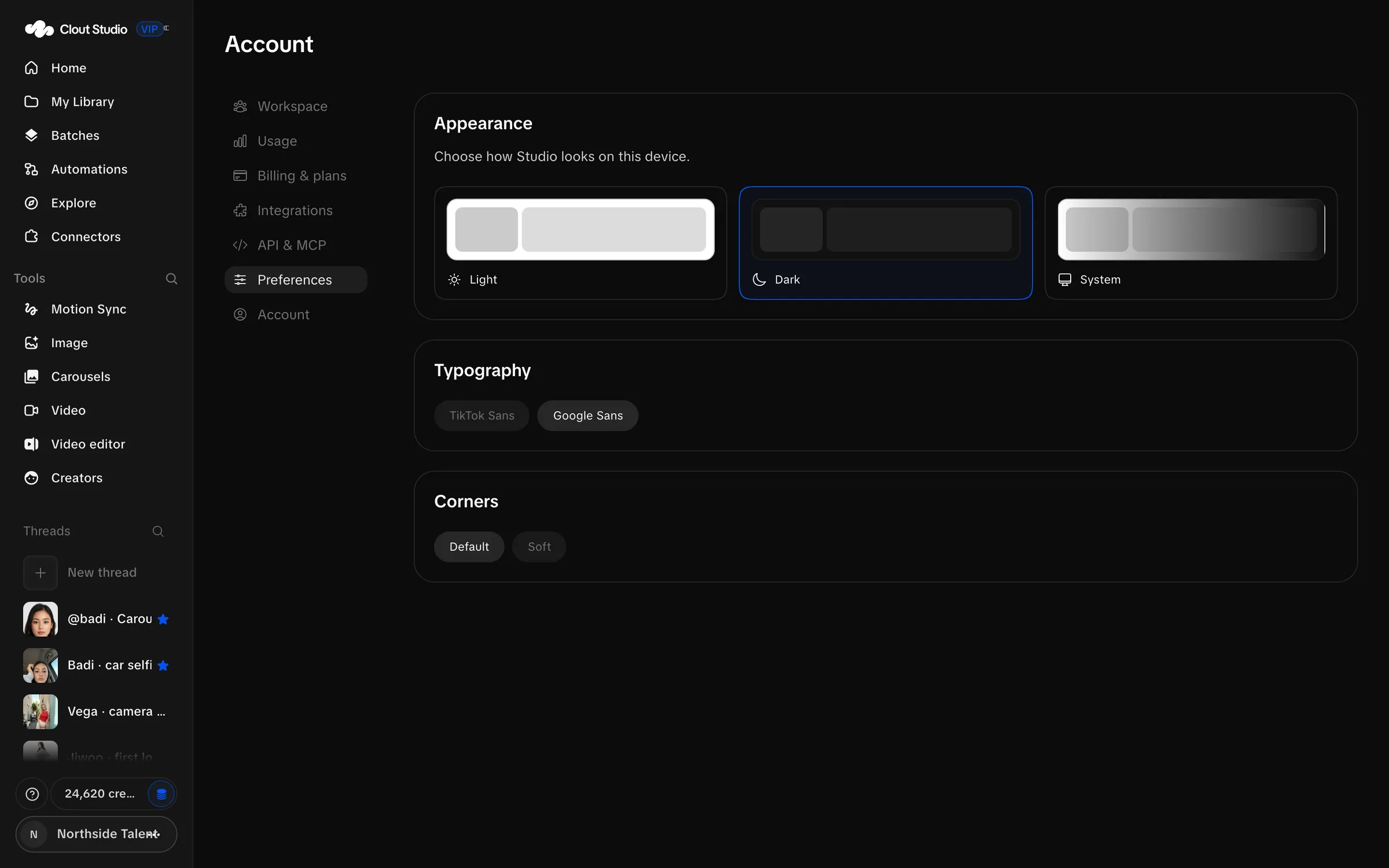 Account preferences with appearance, font and corner controls