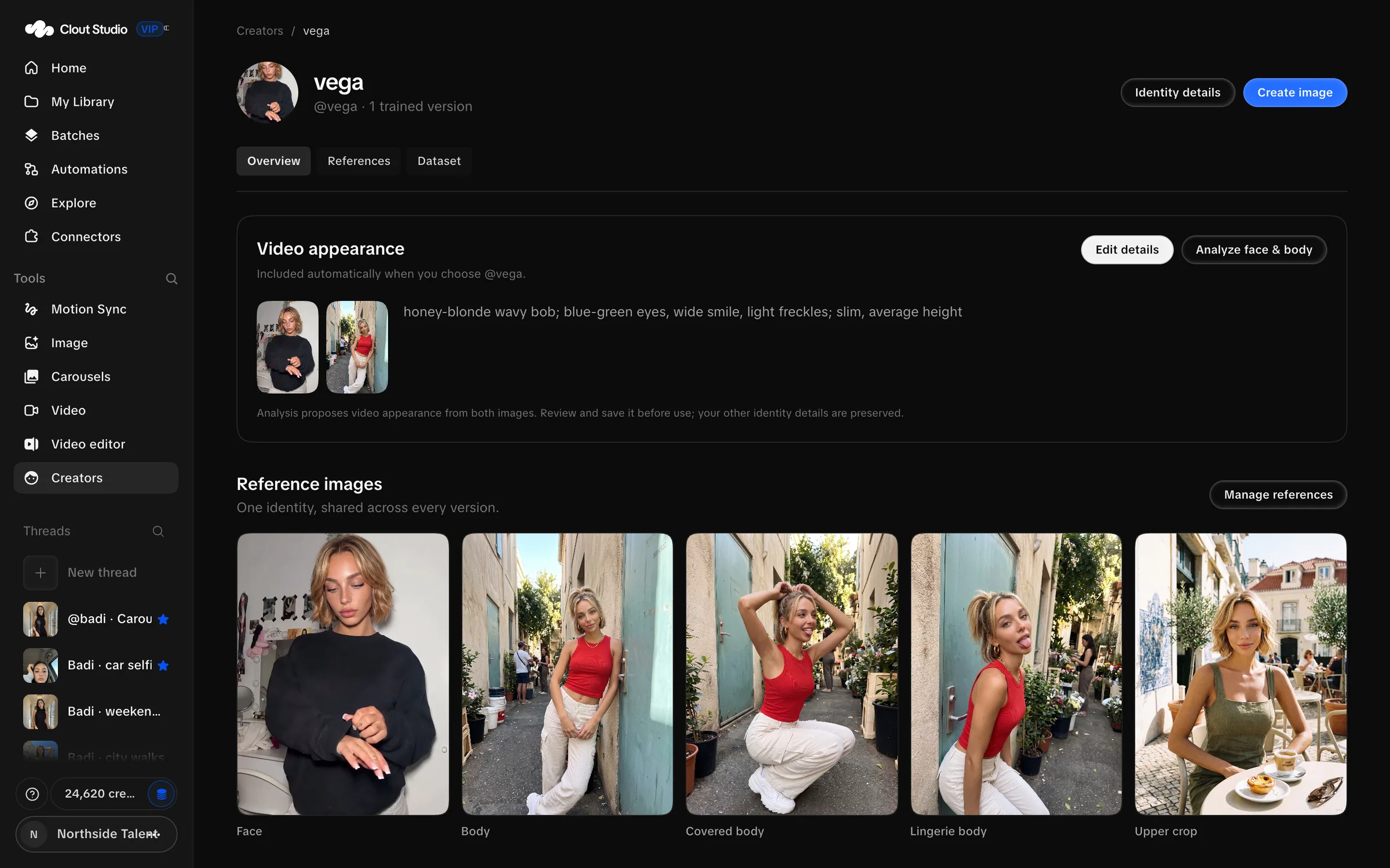 Creator overview with video appearance and shared reference images