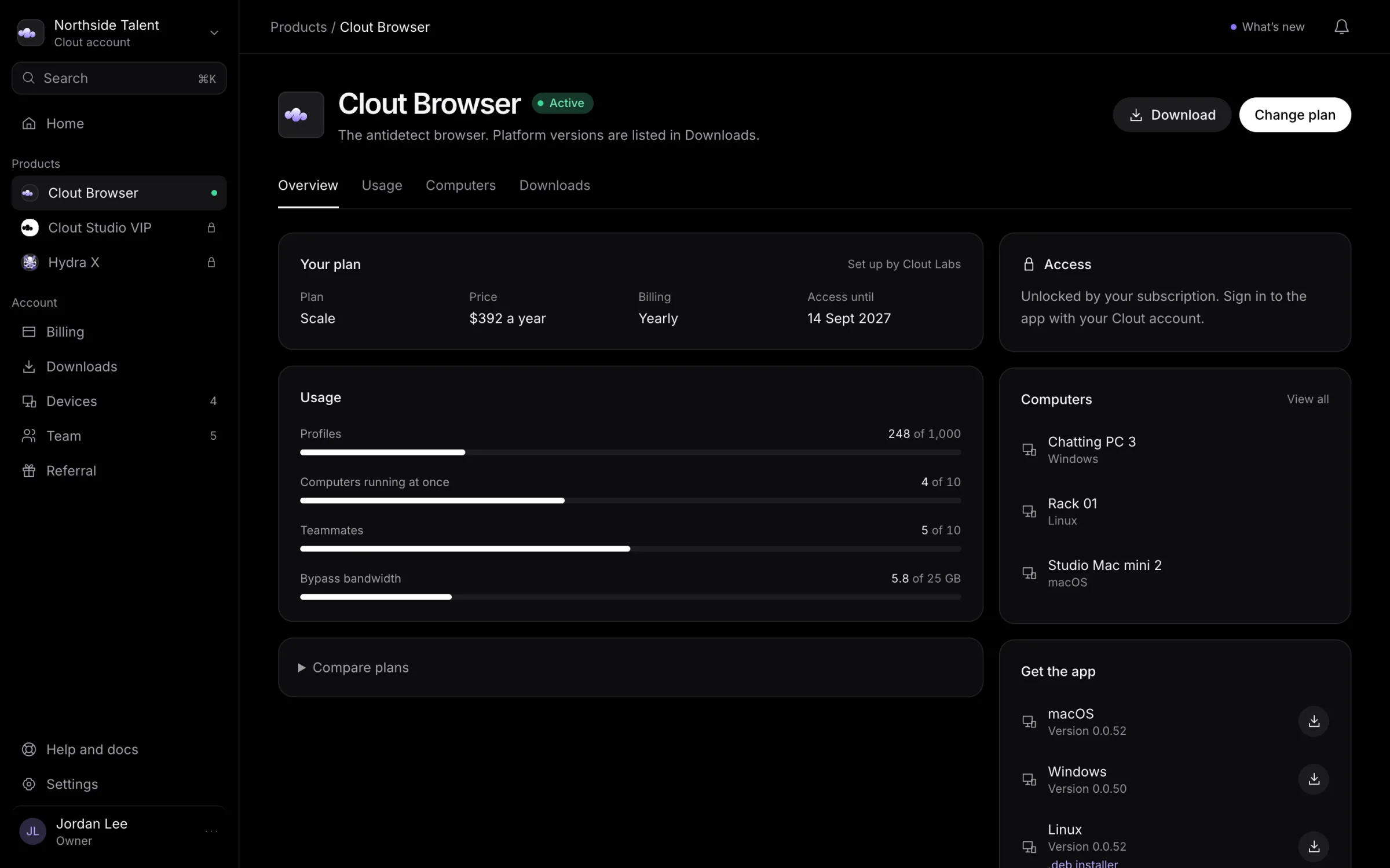 Clout Browser plan and workspace usage on the product page