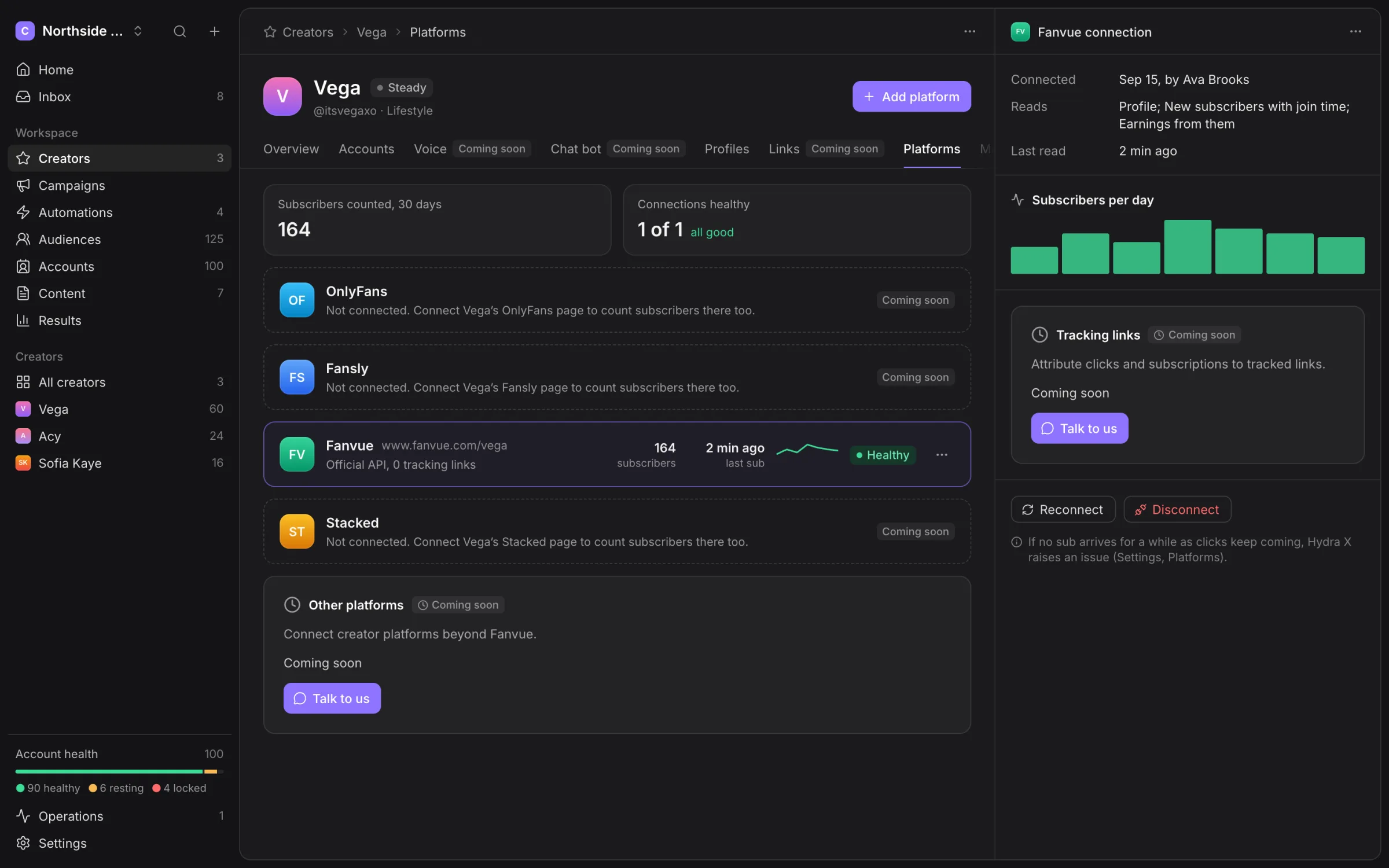 Creator Platforms with a healthy Fanvue connection and subscriber readings
