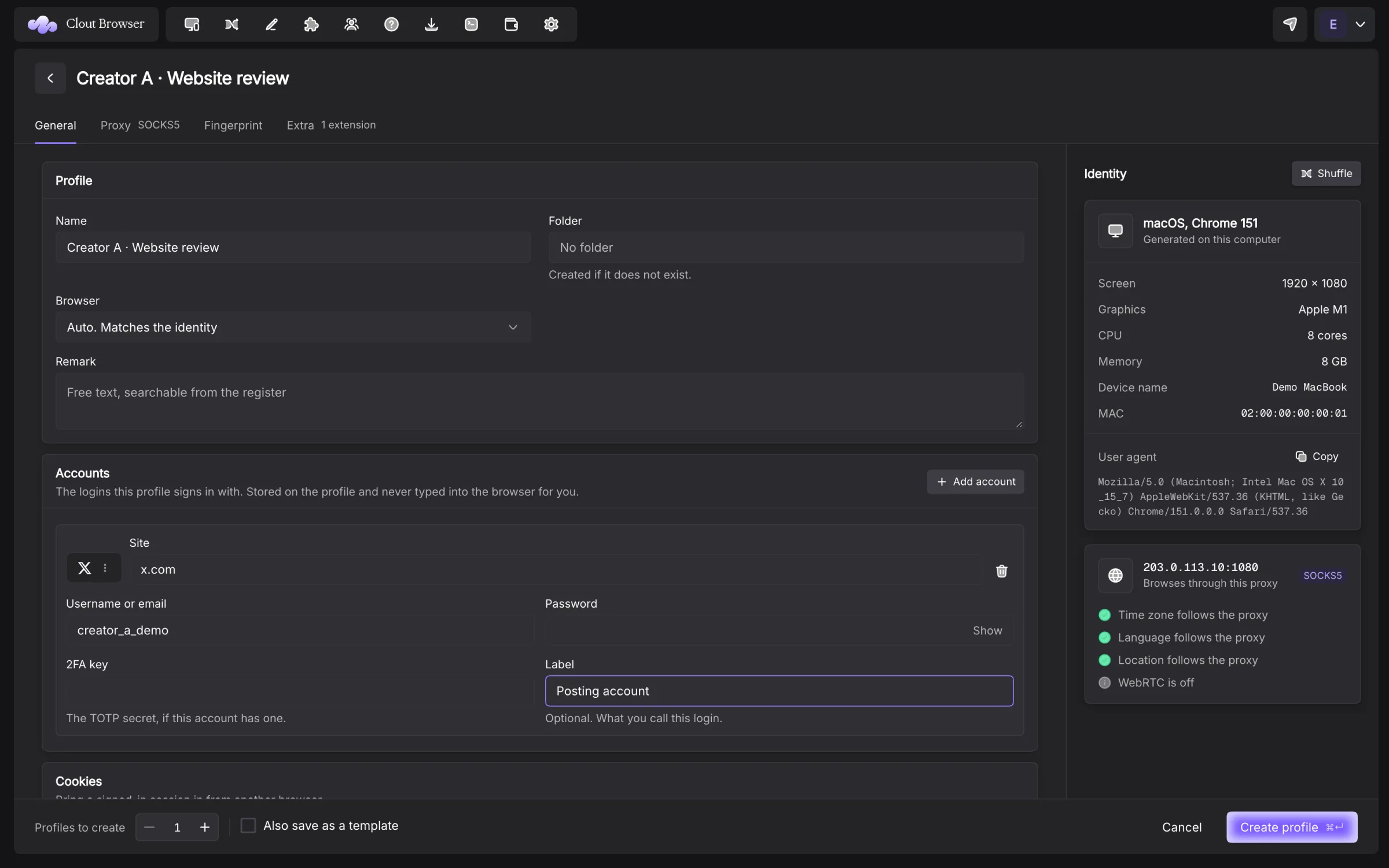 Accounts card with platform, username, password and two-factor fields