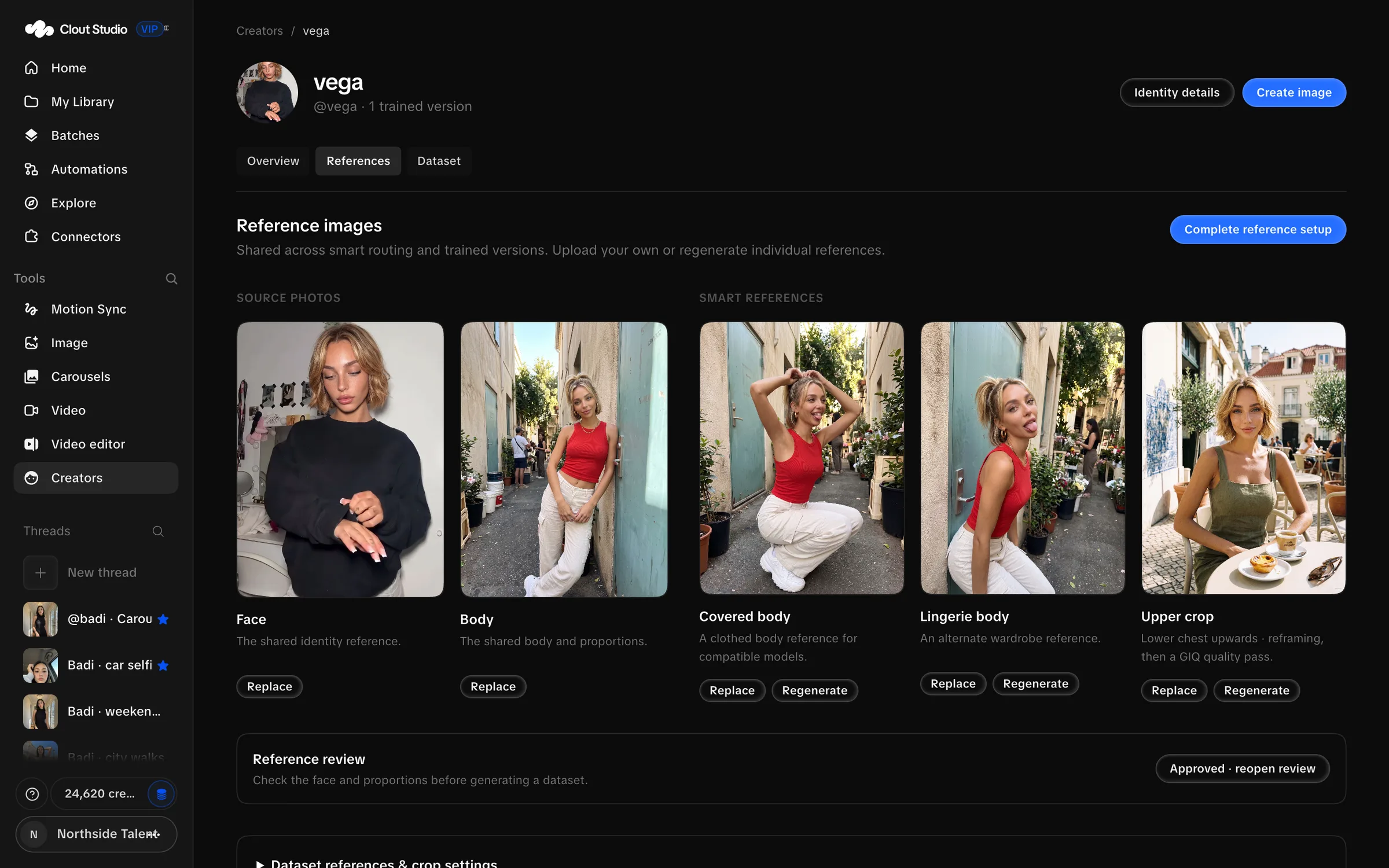 References screen with source photos, prepared reference tiles and approval control