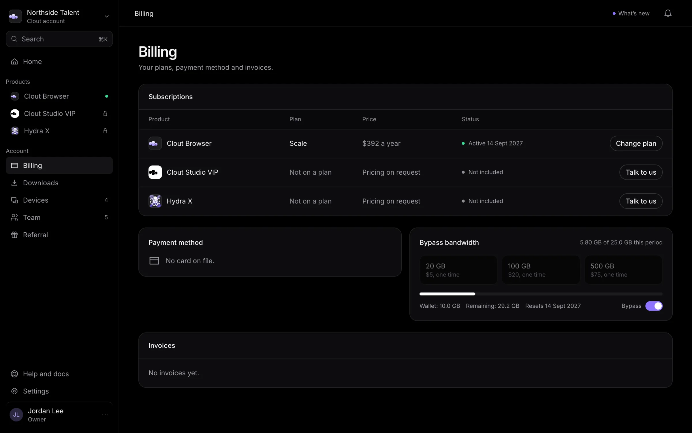 Billing page with subscriptions, payment method, bandwidth, and invoices