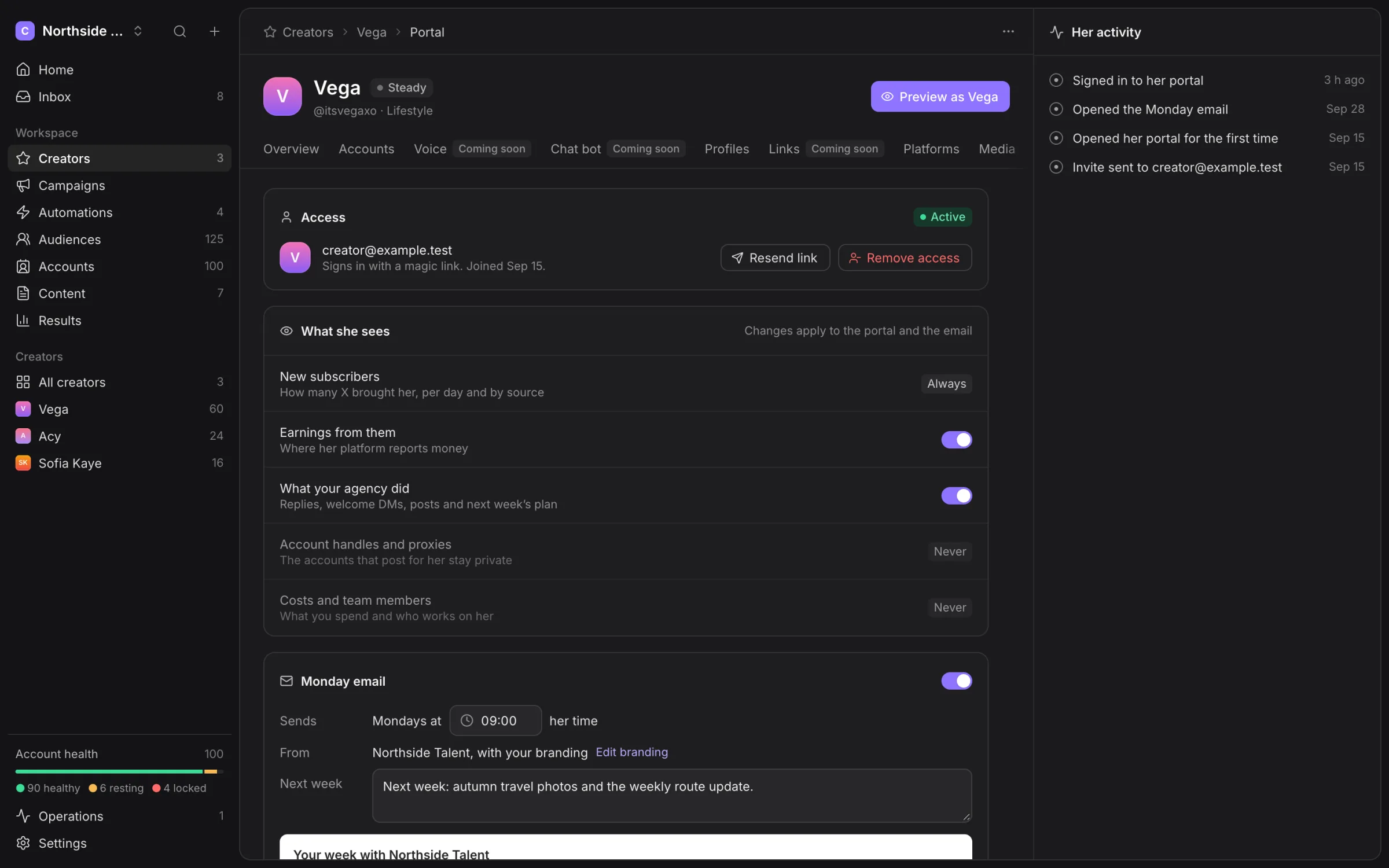Creator portal visibility settings showing subscriber, earnings and agency-work choices