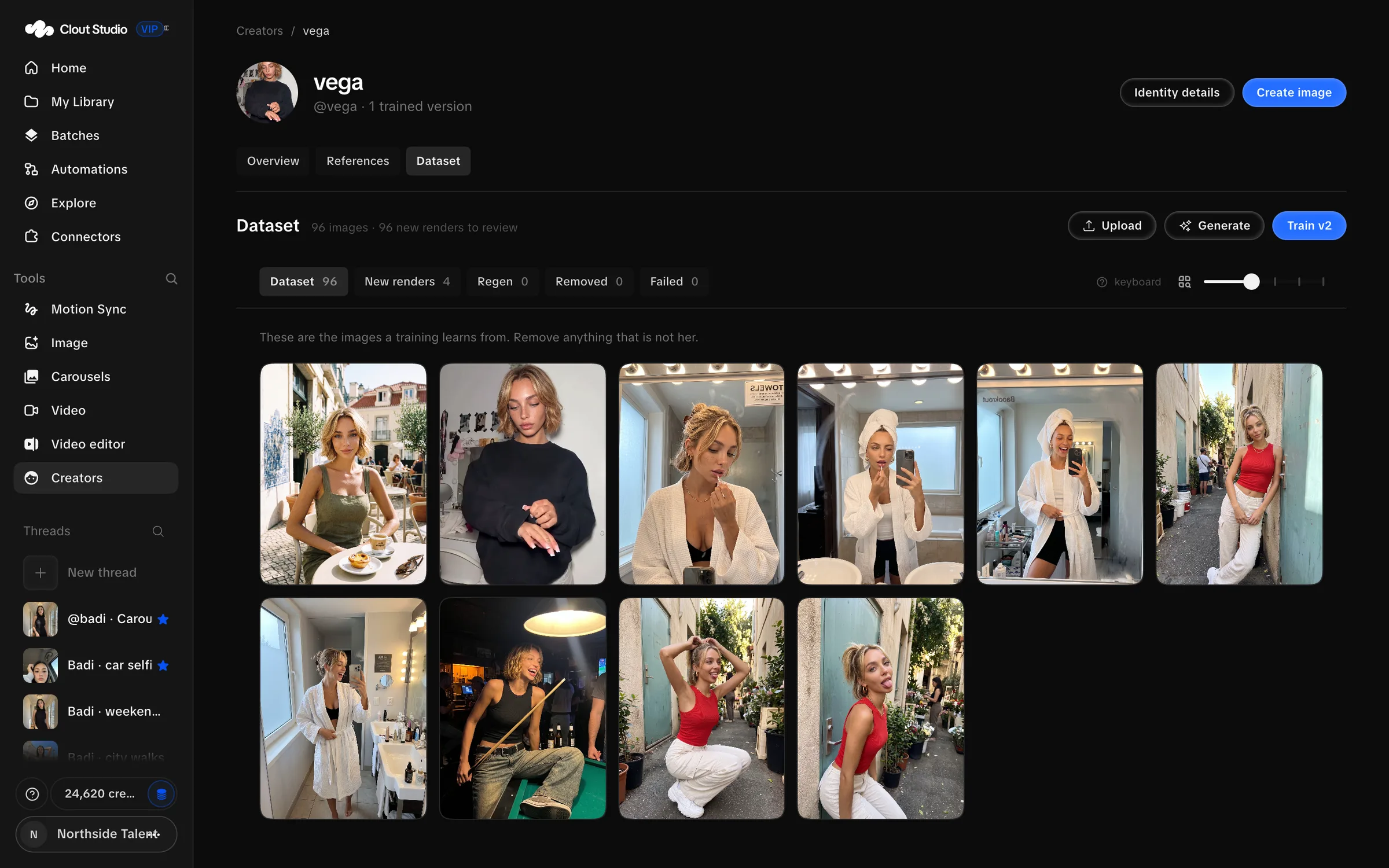 Working dataset with image grid, Upload, Generate and Train controls