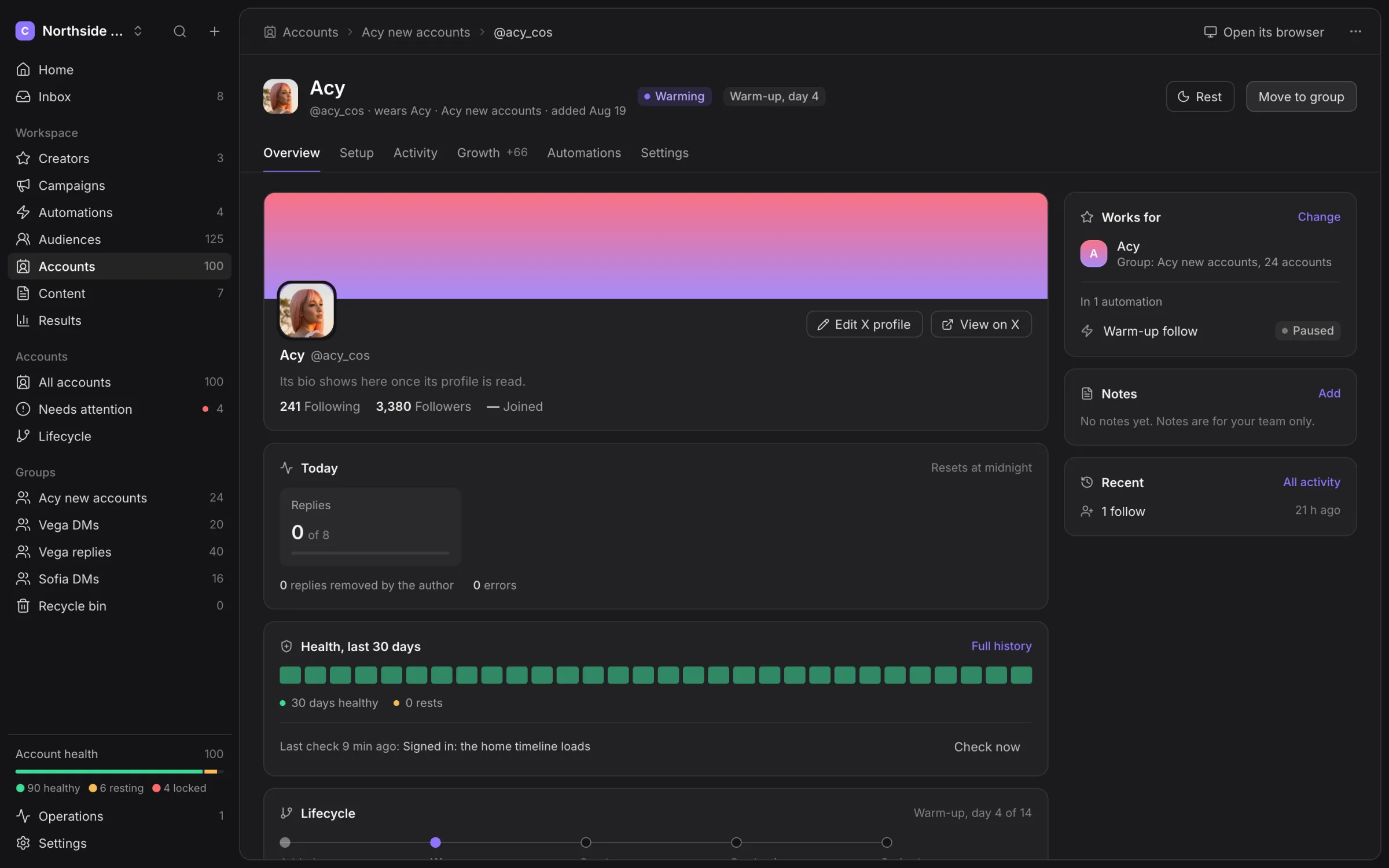 Account overview showing its profile, daily counters, health and lifecycle