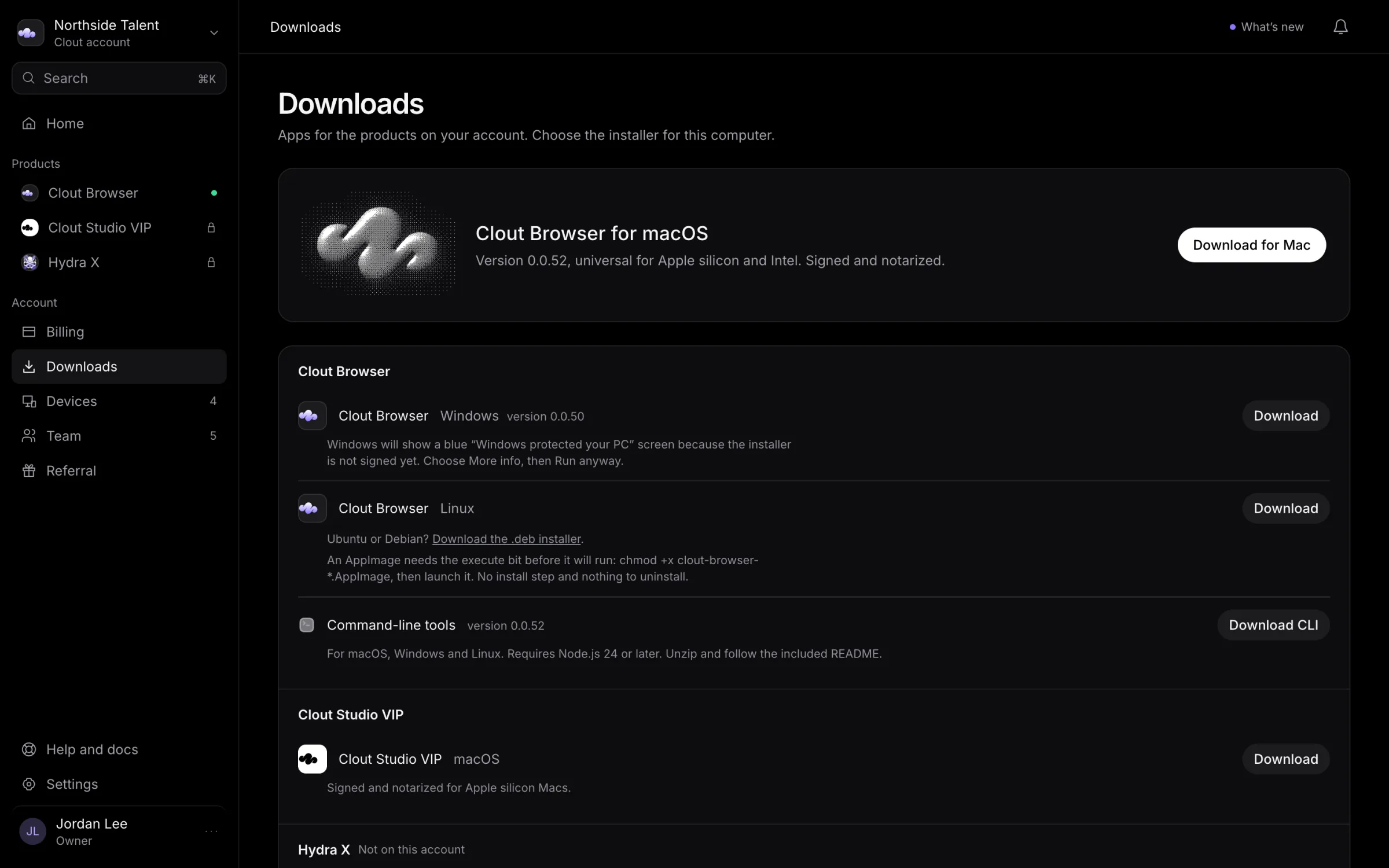 Downloads page featuring the Mac installer and other available product builds
