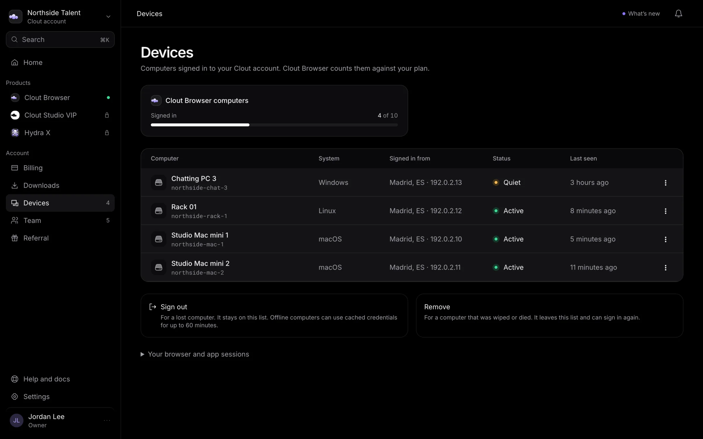 Four Clout Browser computers with systems, connection locations, and Active or Quiet status