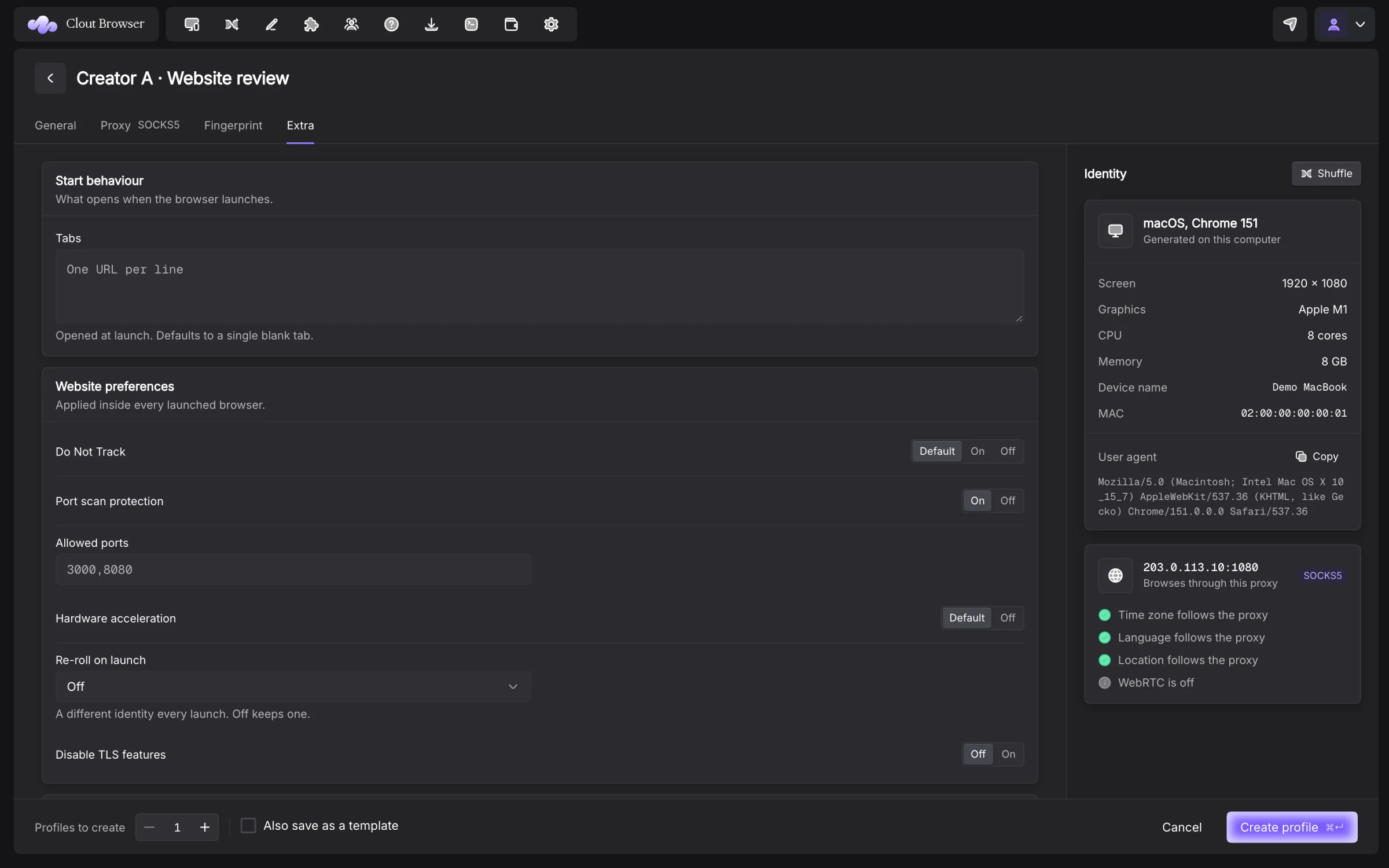 Extra tab with start URLs, privacy settings and launch arguments