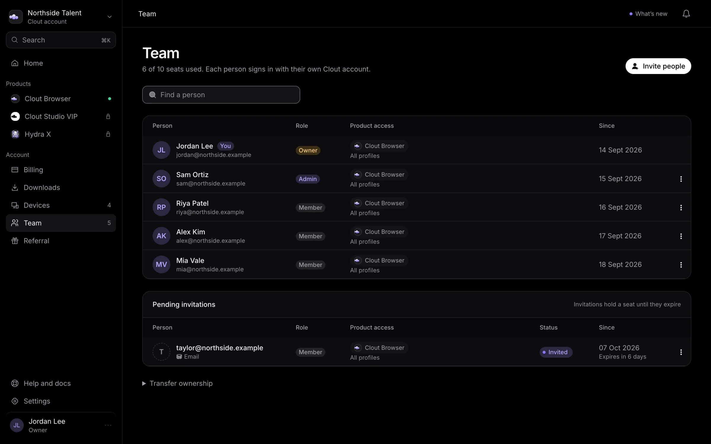 Northside Talent team with an owner, admin, three members, and a pending invitation