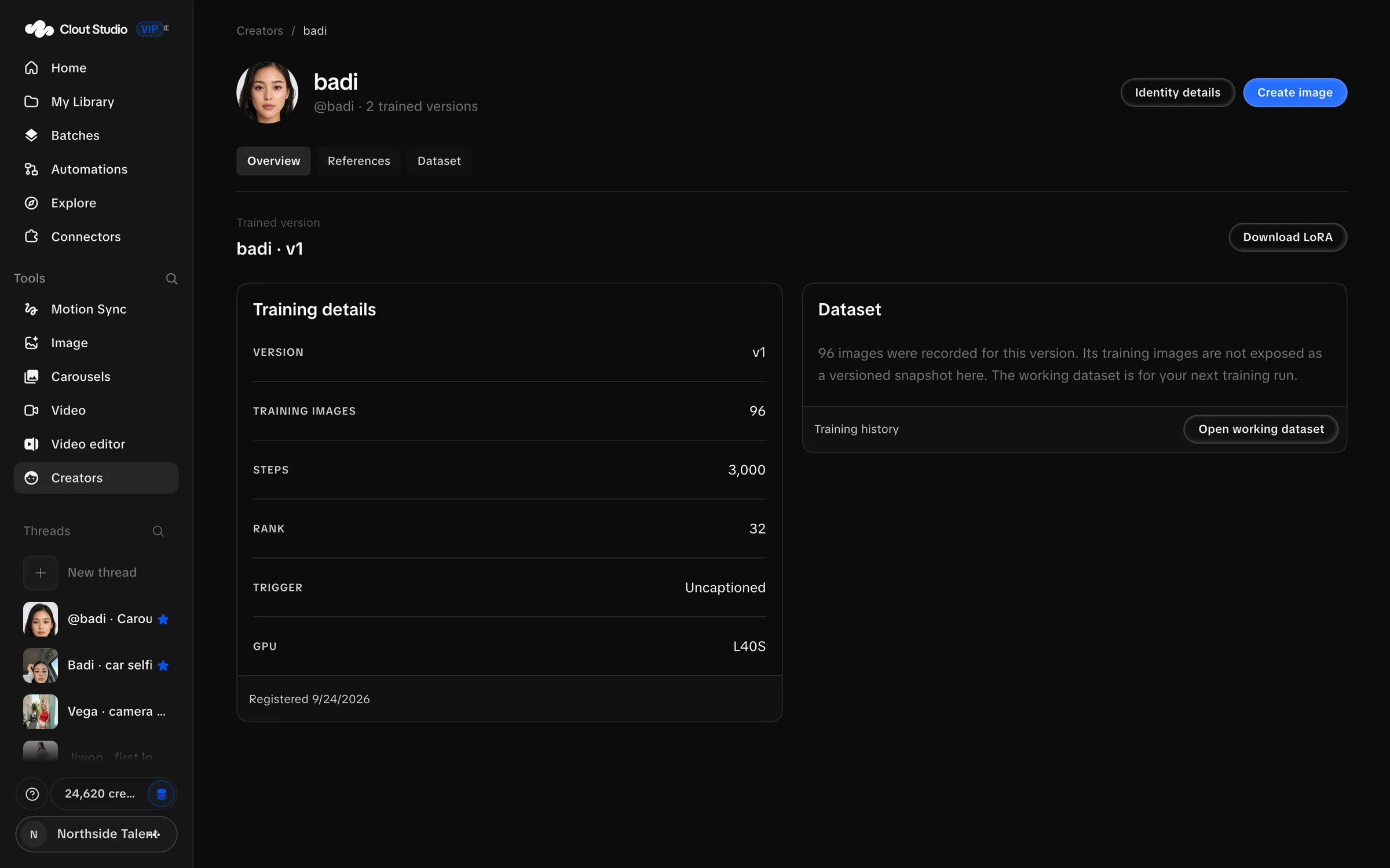 Published Creator version with training details and download action