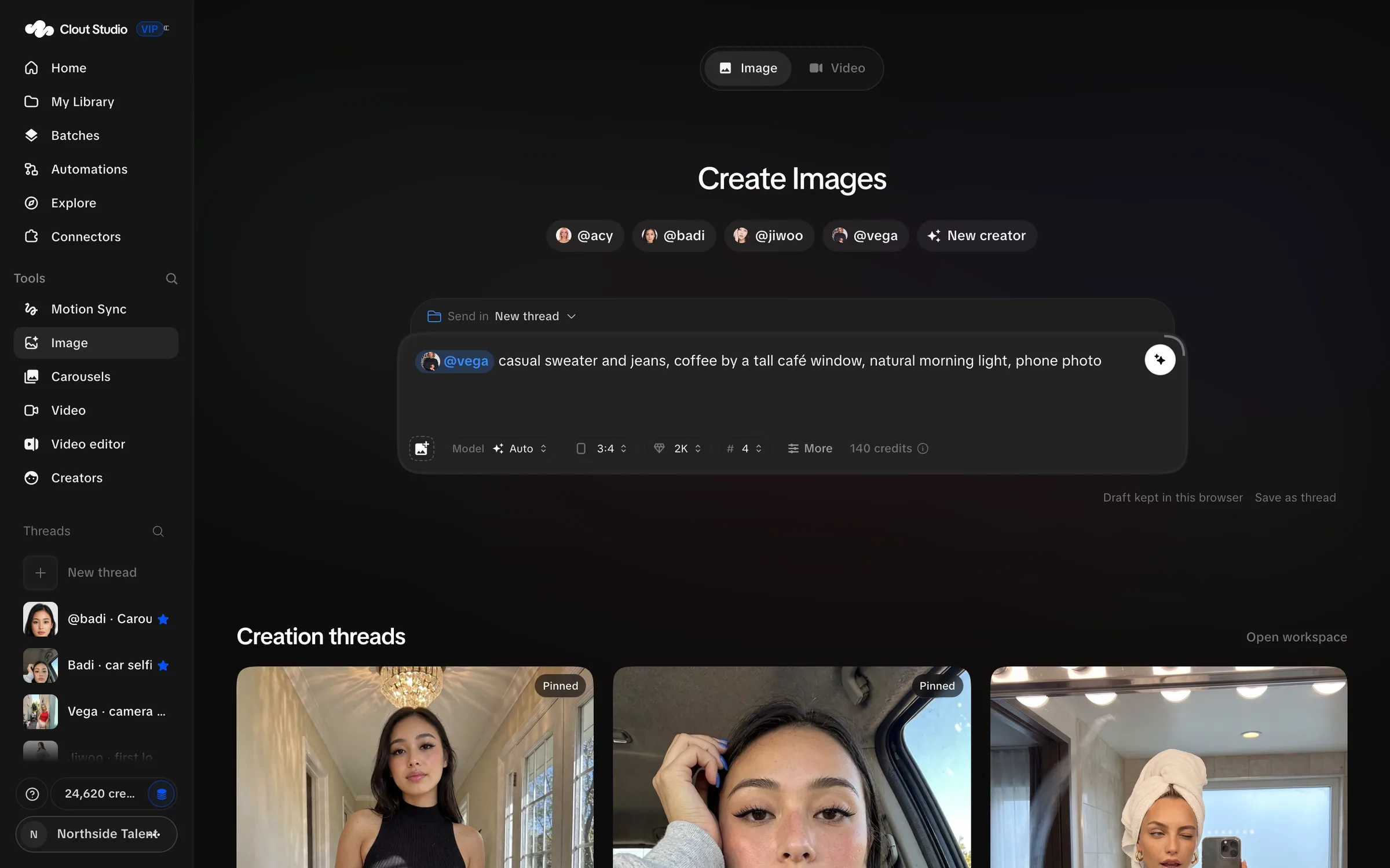 Image composer with a Creator mention, scene prompt and output controls