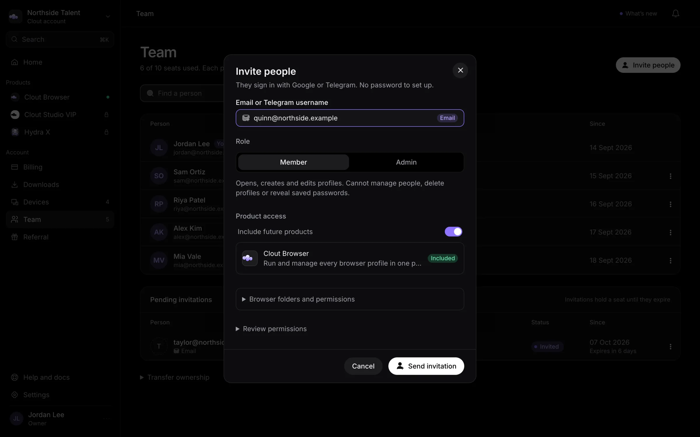 Invite people dialog with a fictional email, Member role, and Clout Browser access