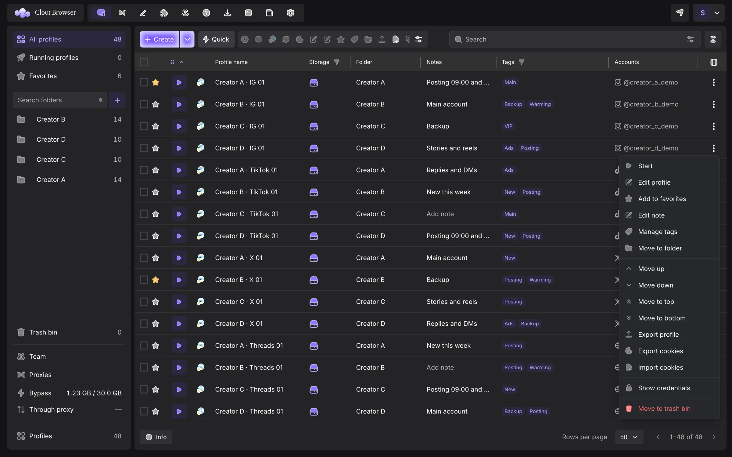 Complete Profiles window with one row’s action menu open