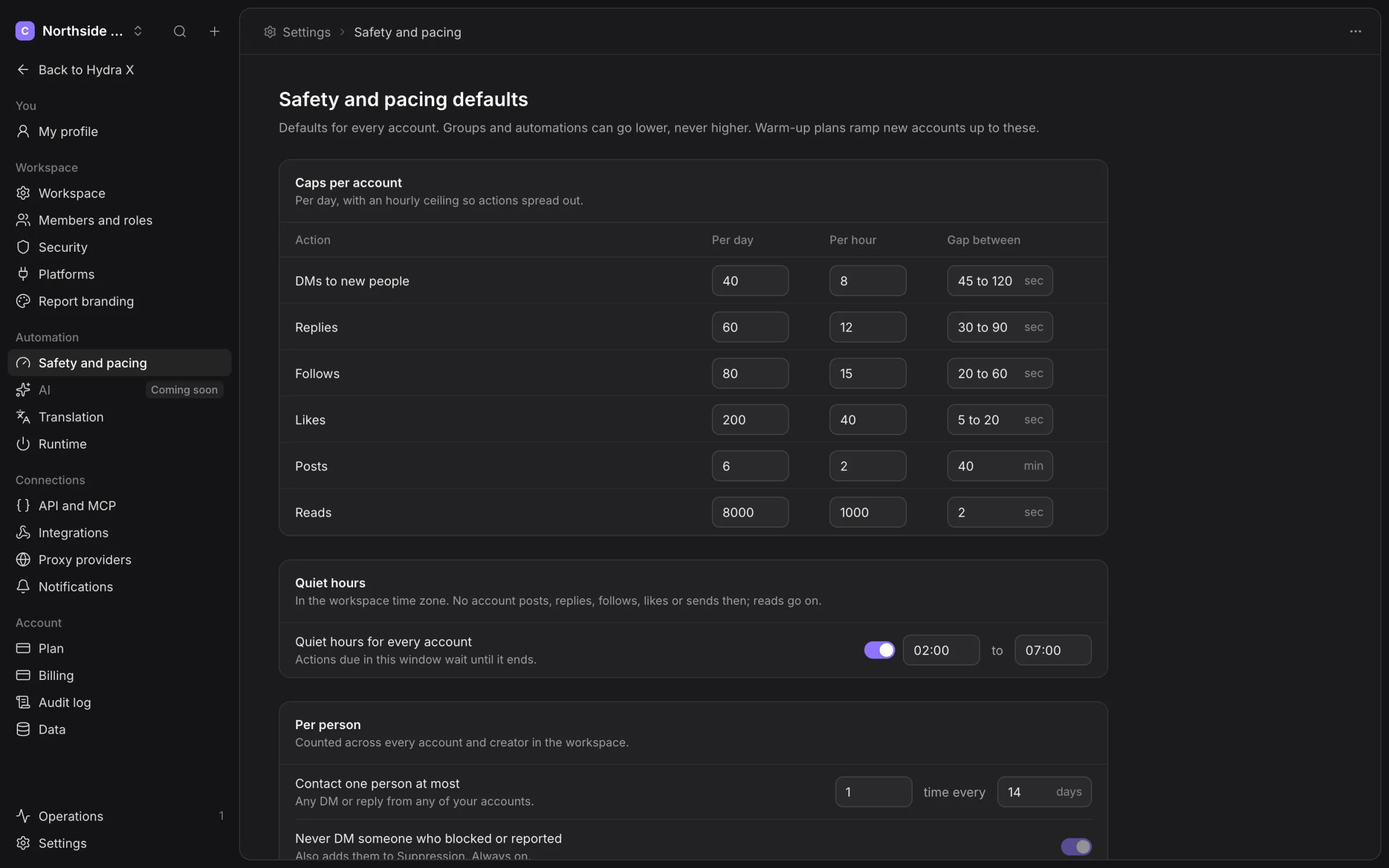 Safety and pacing table showing per-day, per-hour and action-gap fields
