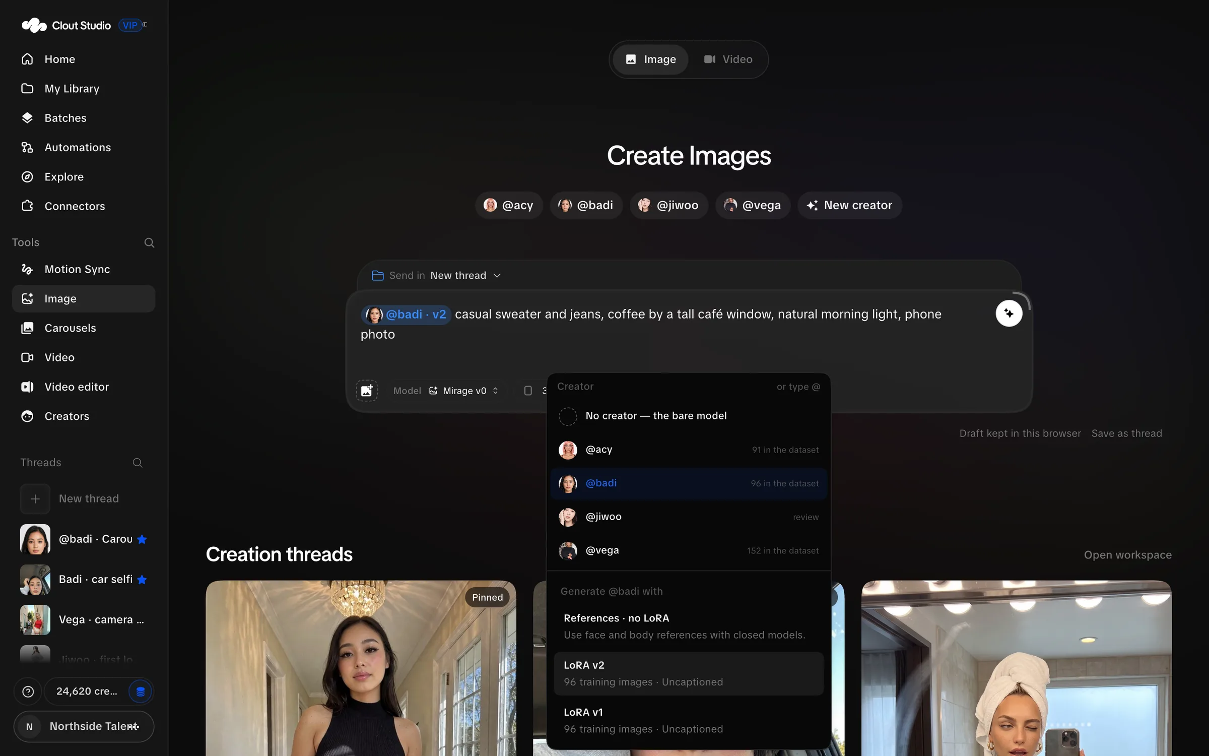 Creator identity menu with reference and trained-version choices