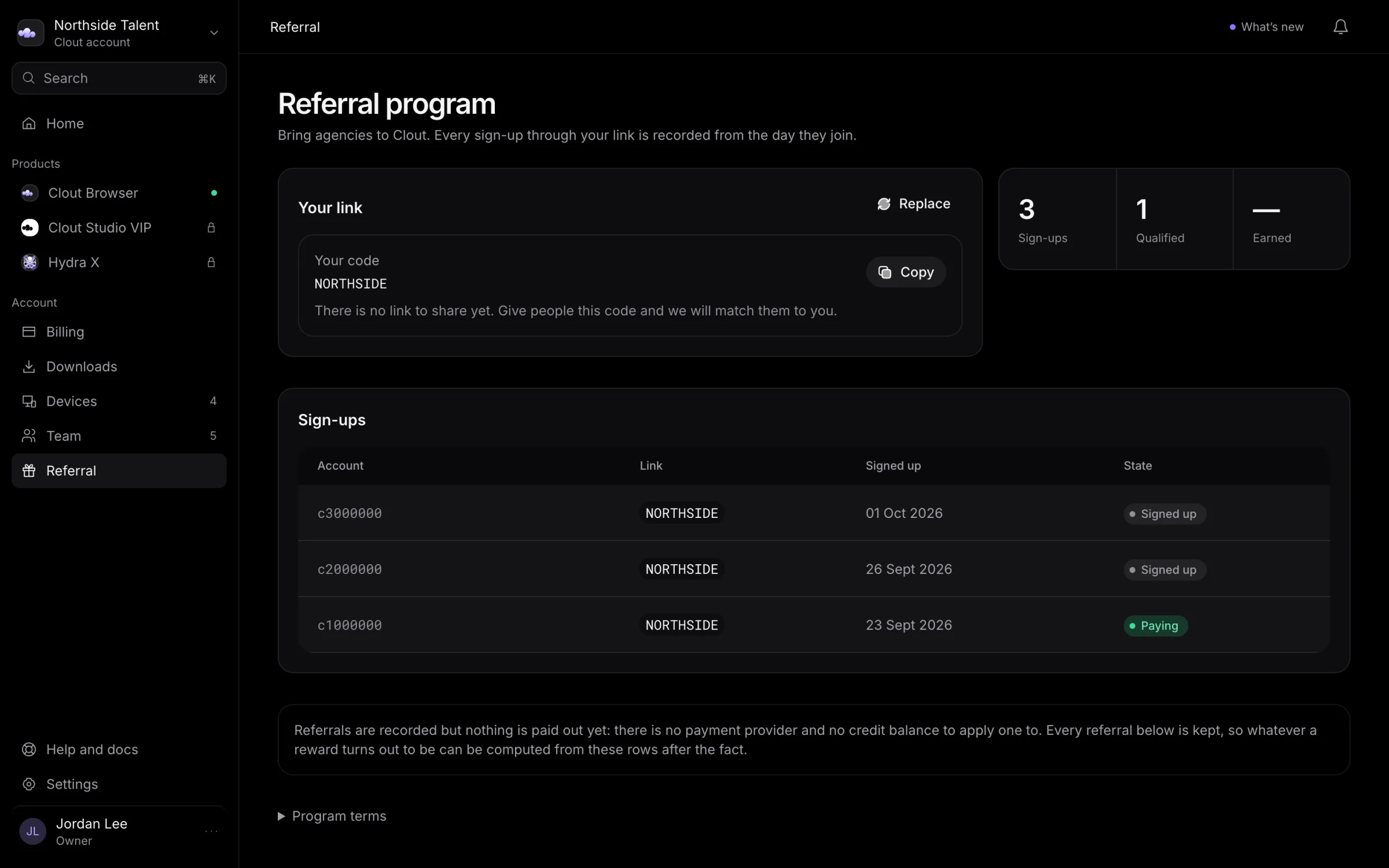 Referral page with the NORTHSIDE code, three sign-ups, and one qualified account