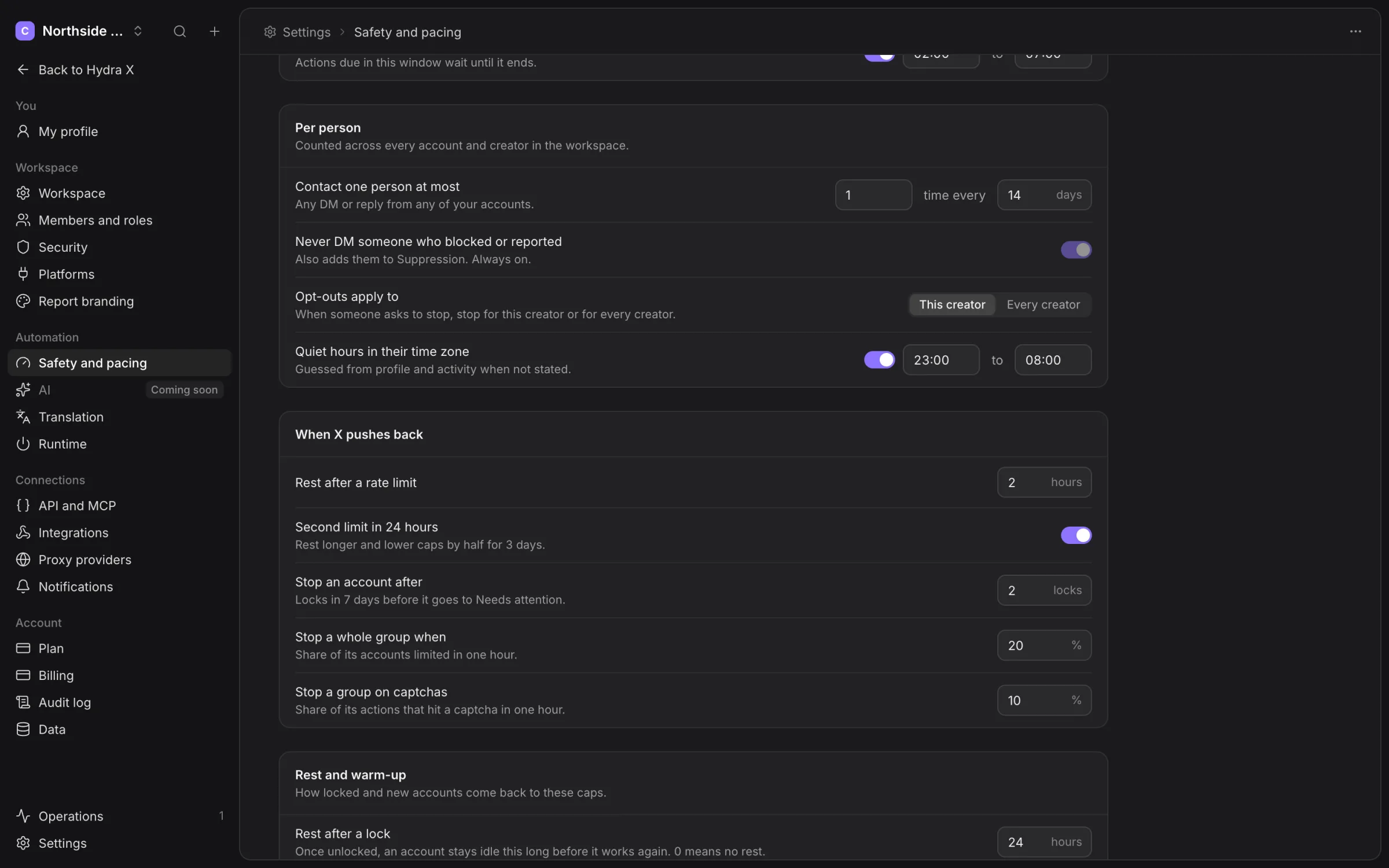 Safety response settings for rate-limit rest and group pause conditions