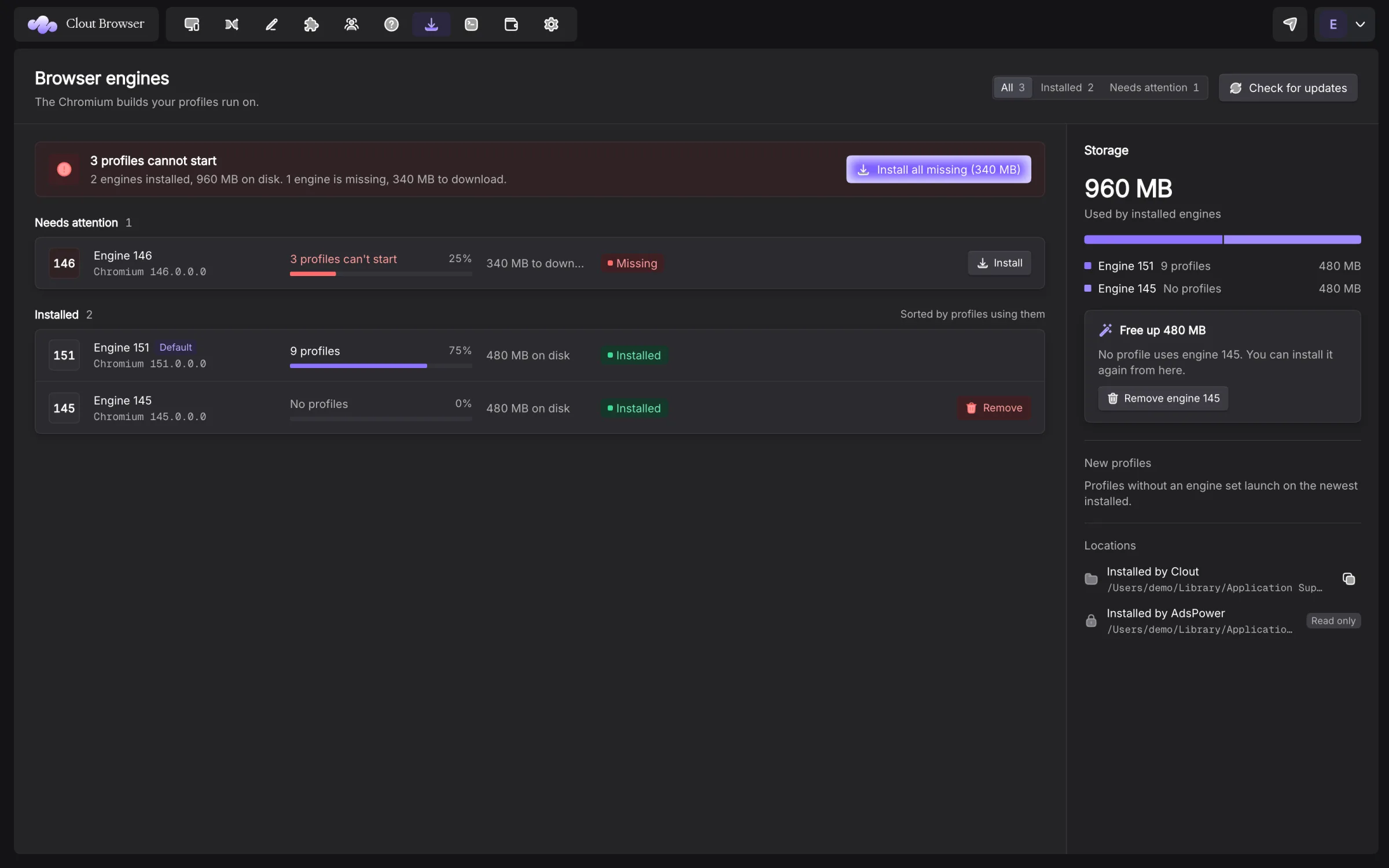 Browser engines page with missing and installed engines