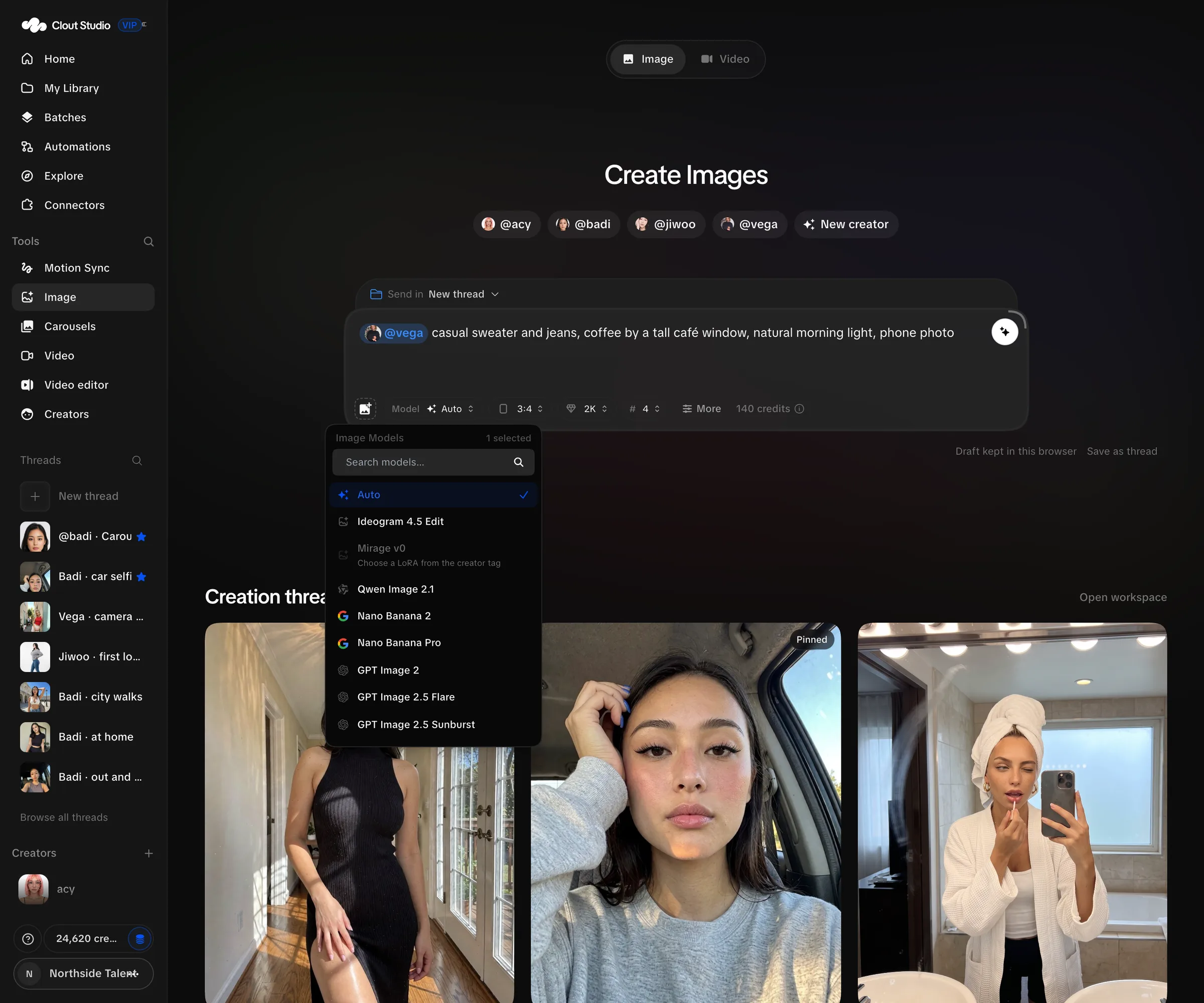 Image model menu showing Auto and named image models