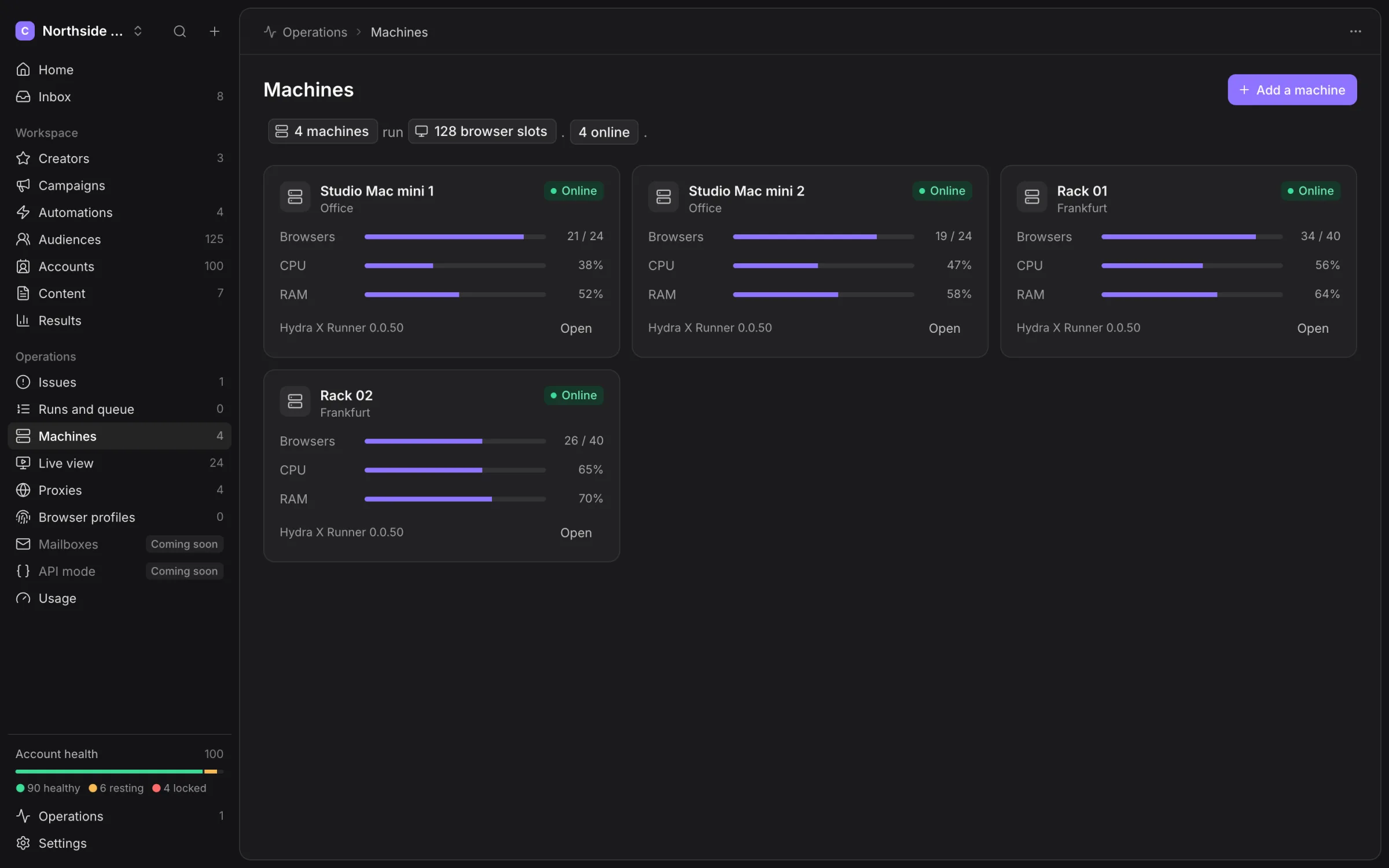 Machines cards with online state, occupied browser slots and resource readings