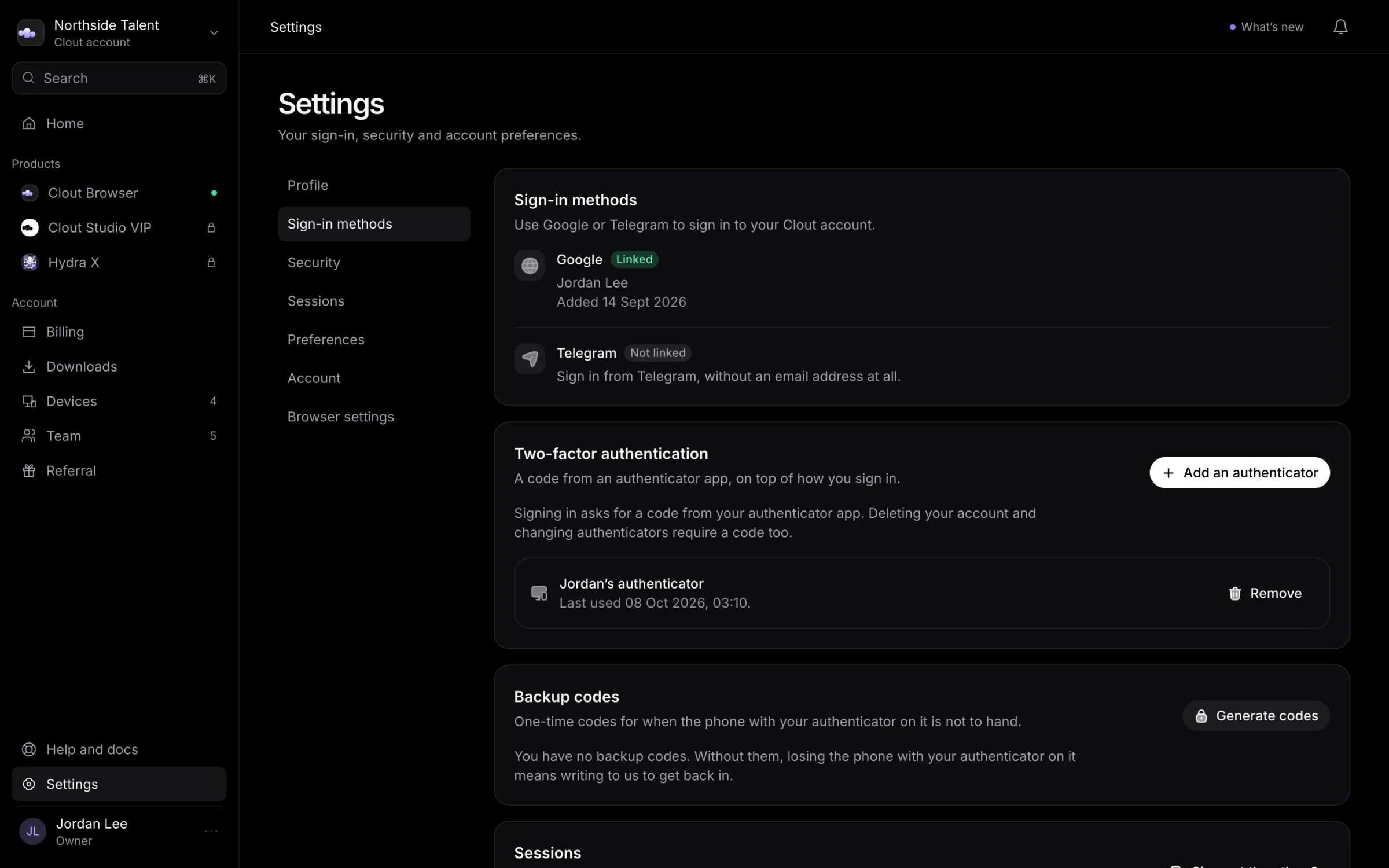 Settings with Google linked to Jordan Lee and Telegram not linked
