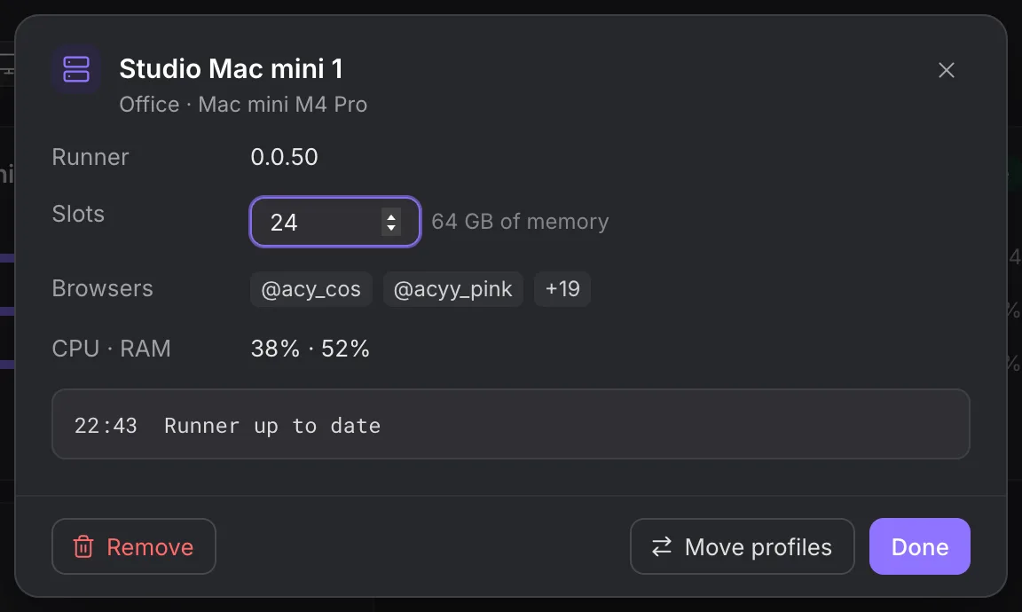 Machine detail dialog with runner version, slots and resource measurements