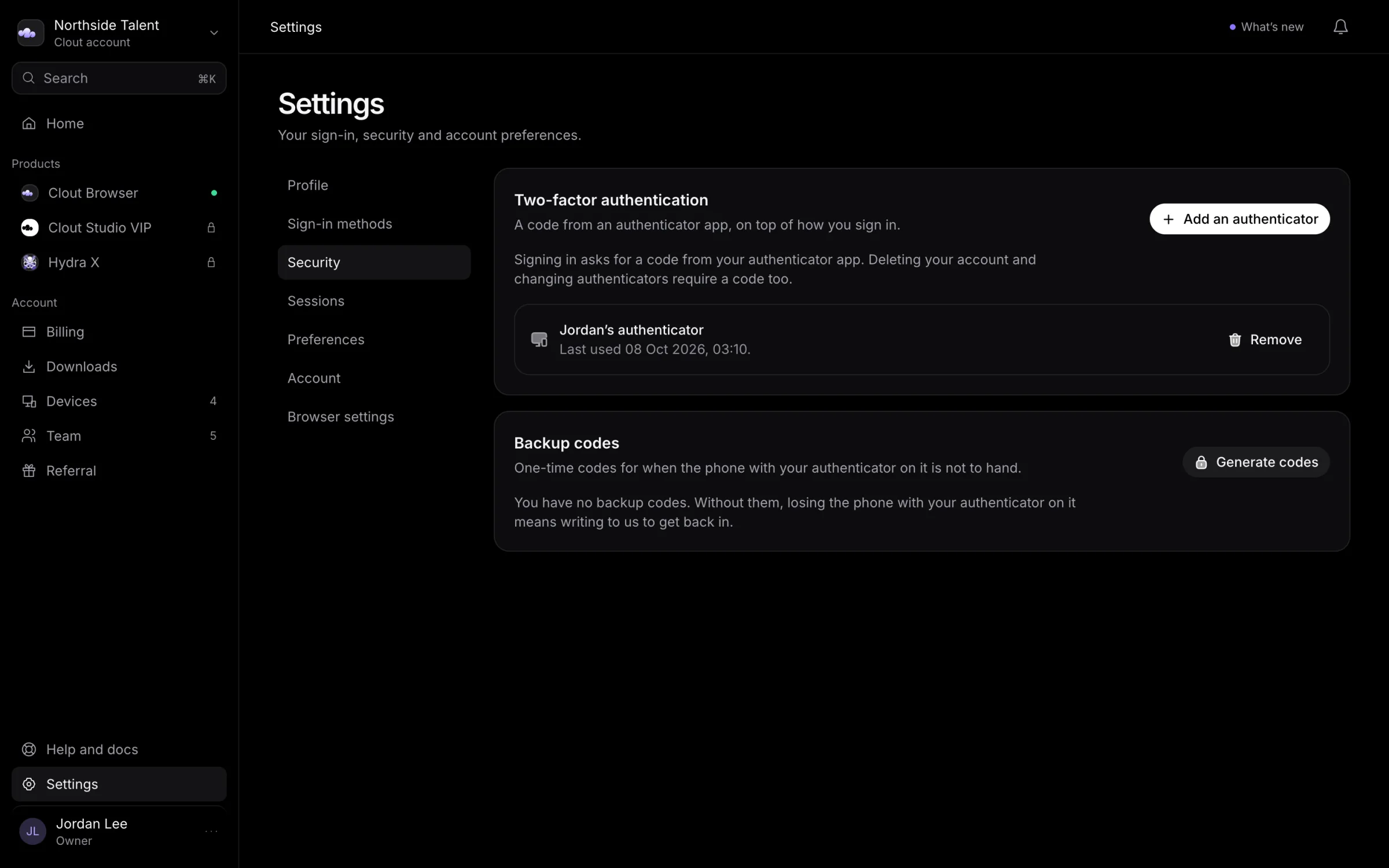 Security settings with a confirmed authenticator and backup-code controls