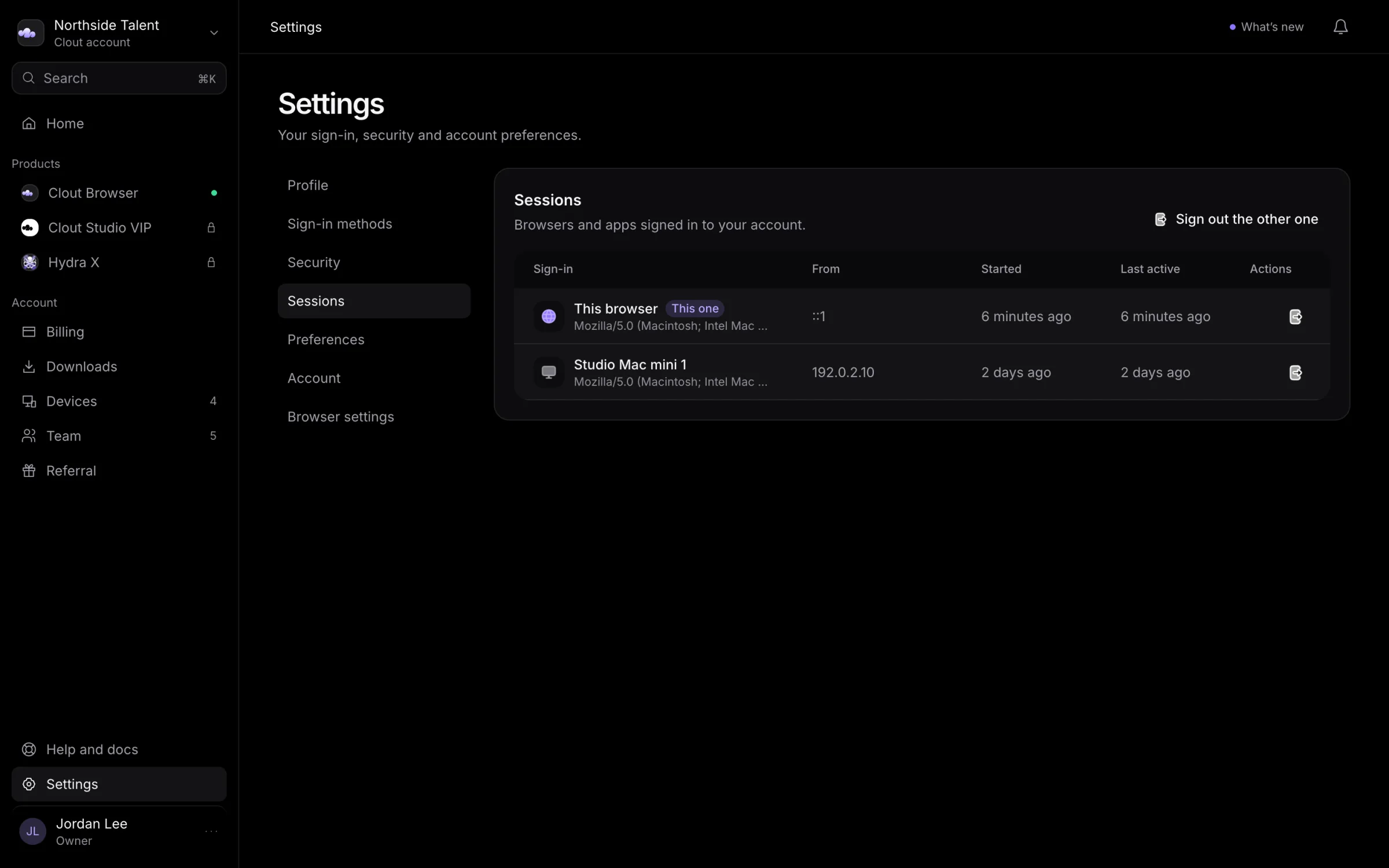 Settings Sessions panel showing the current browser and a Studio Mac mini sign-in