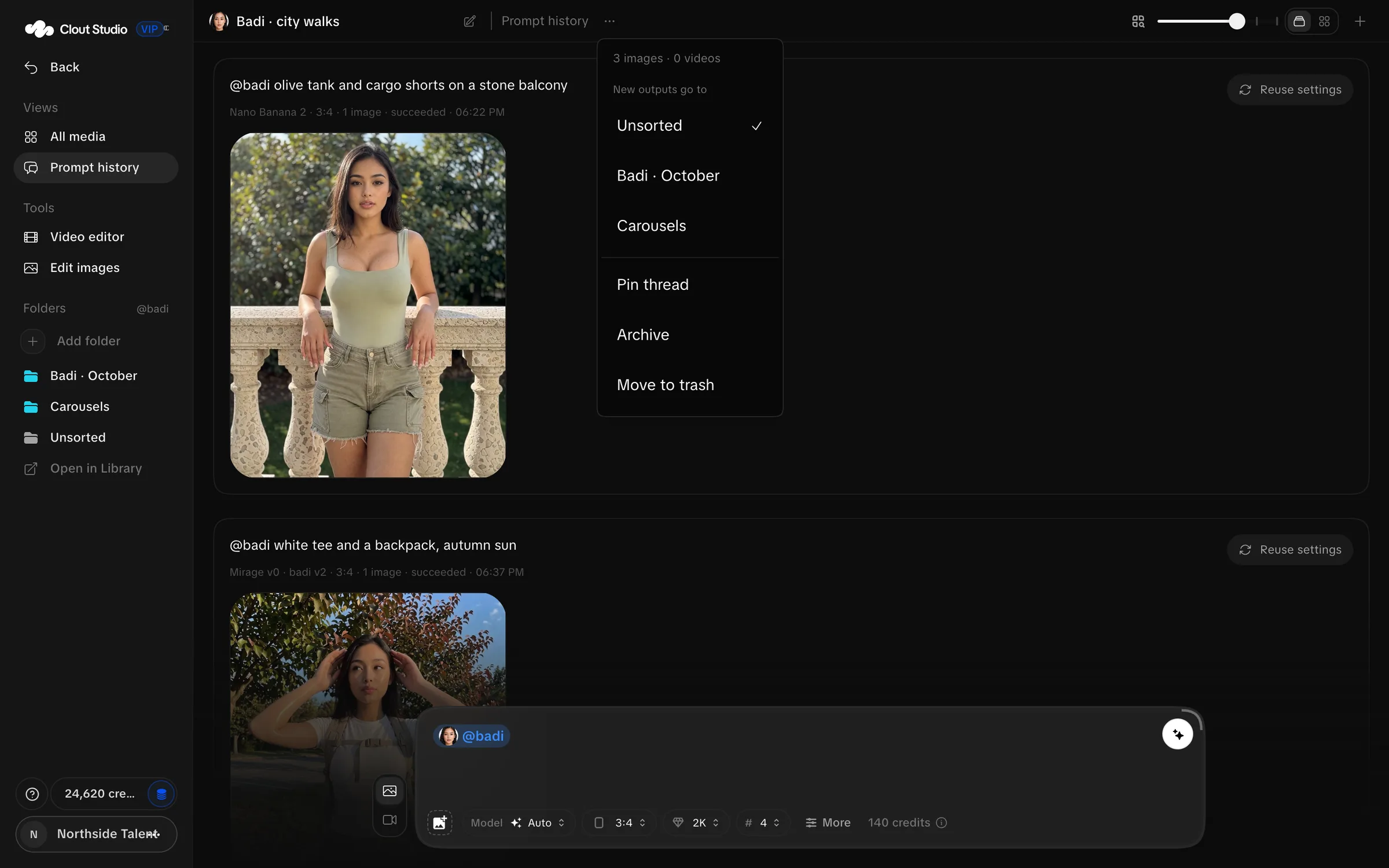 Creation thread with history, media and thread controls