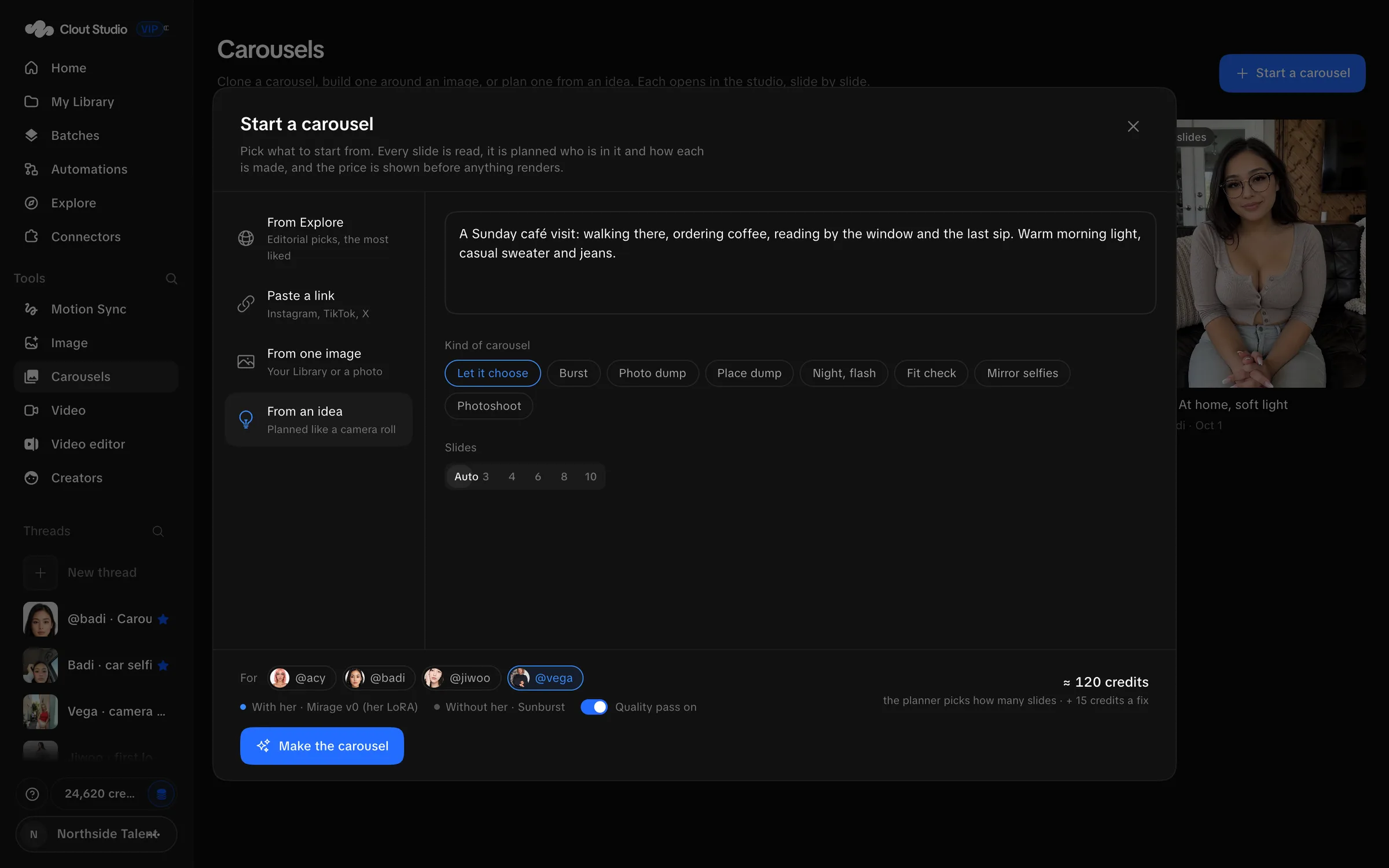 Start a carousel dialog with a written idea and Creator choices