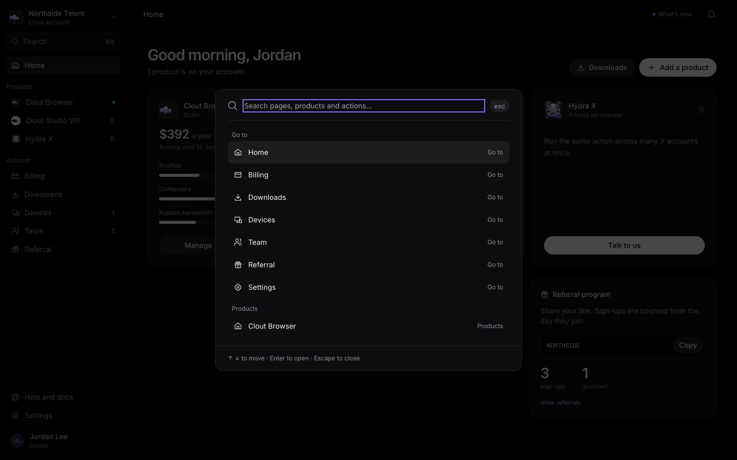 Portal command palette showing page shortcuts and a product result