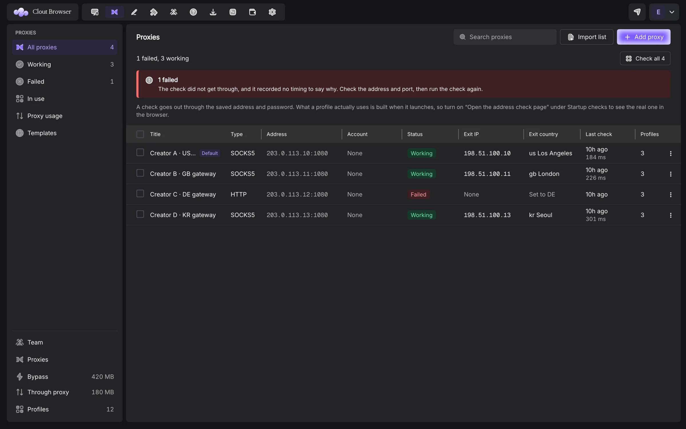 Saved proxy book showing gateways, accounts and status
