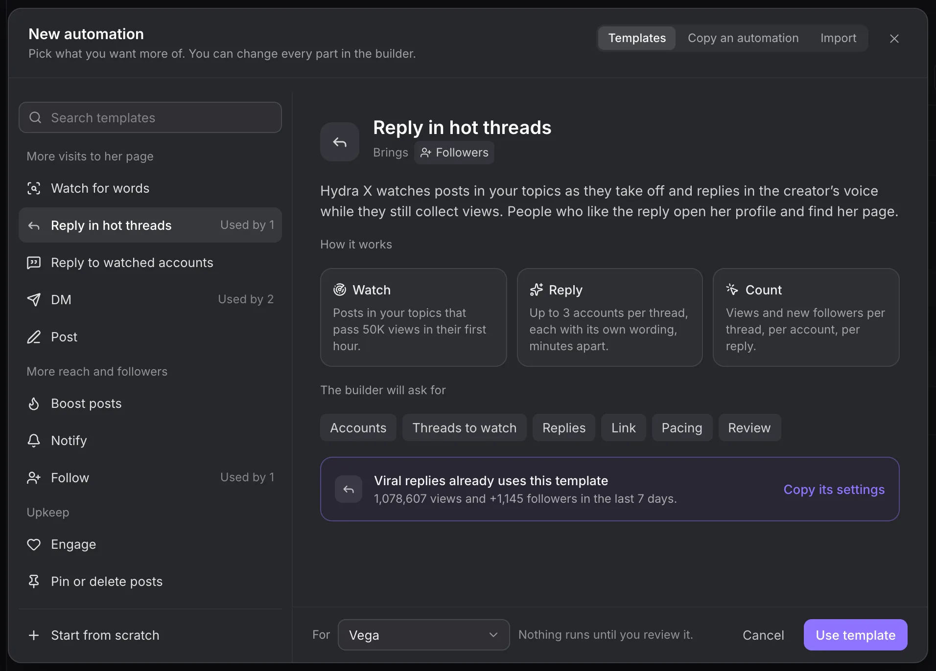 Automation template picker showing reply, DM, post and engagement templates