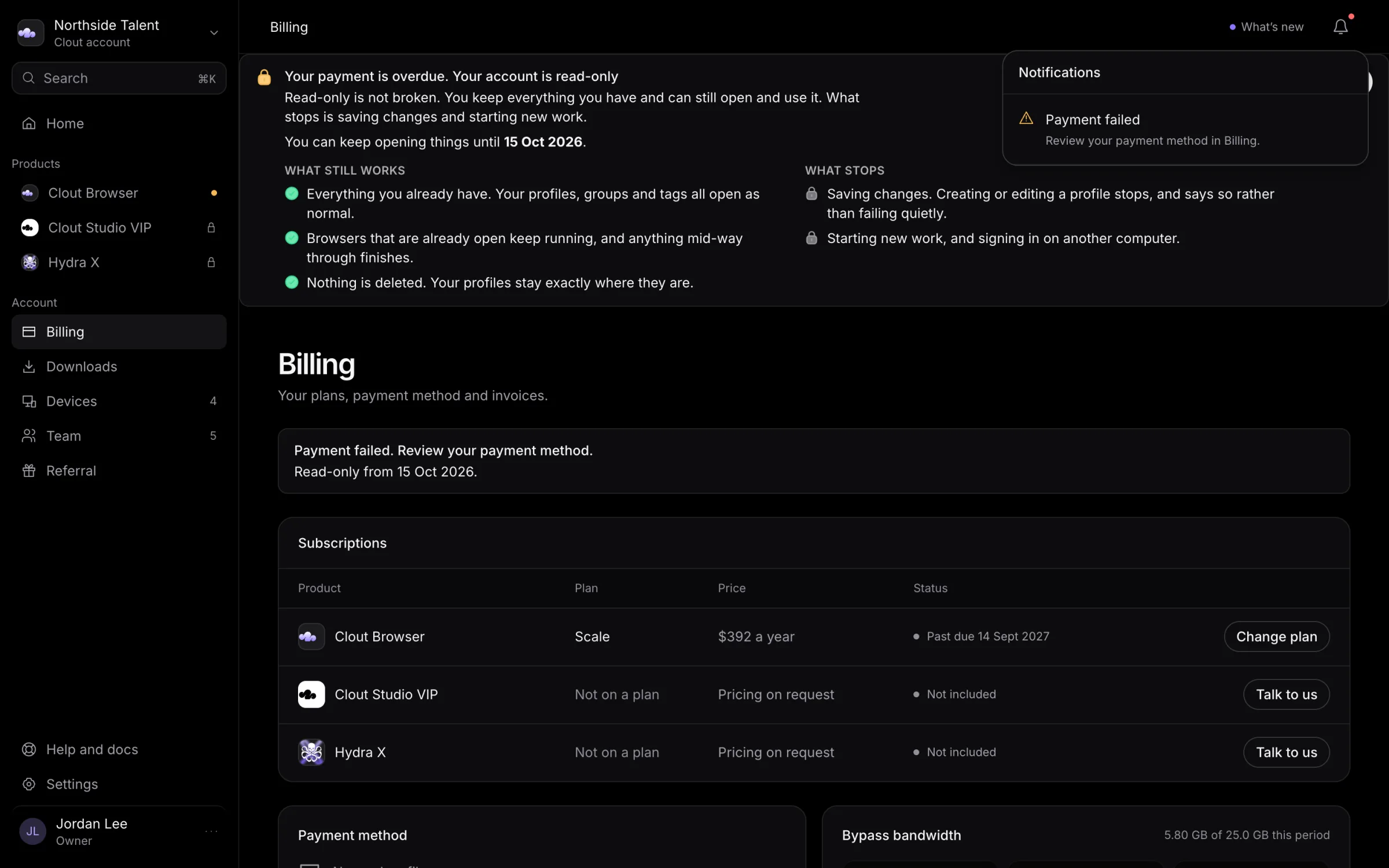 Billing page with a Payment failed notification and read-only warning