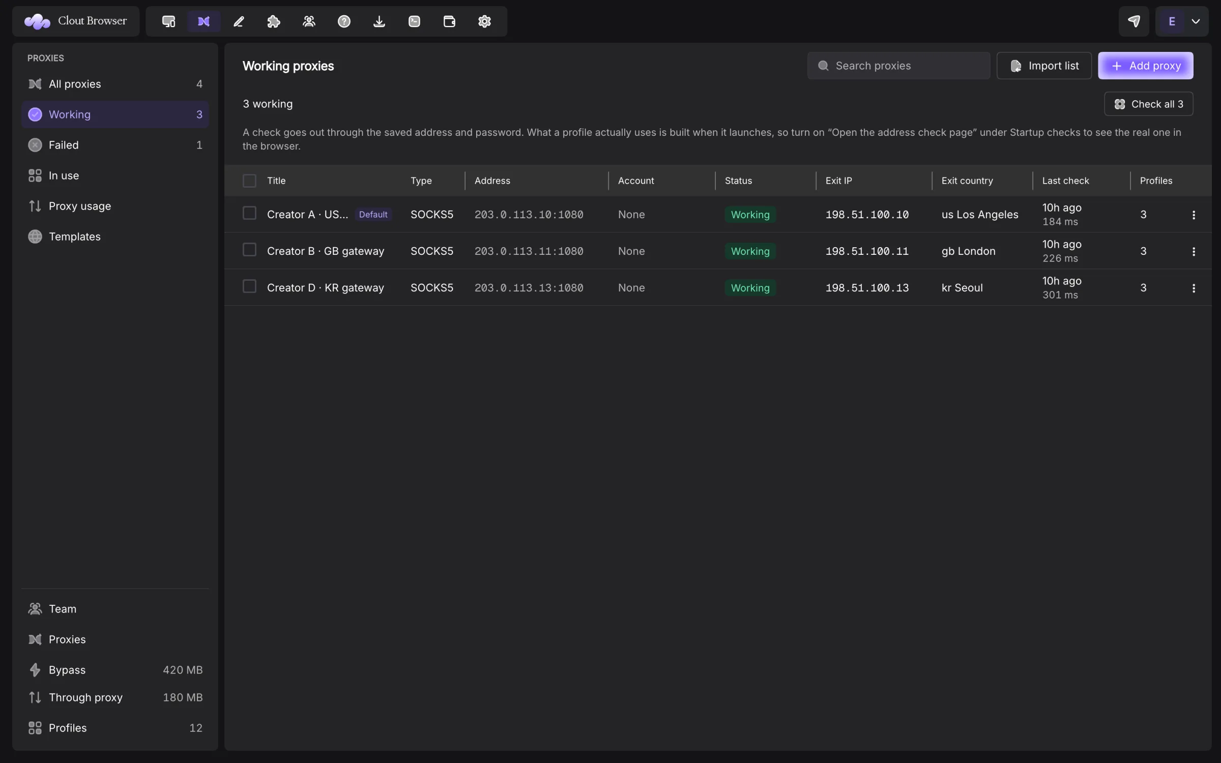 Complete proxy-book window showing status and exit-location checks