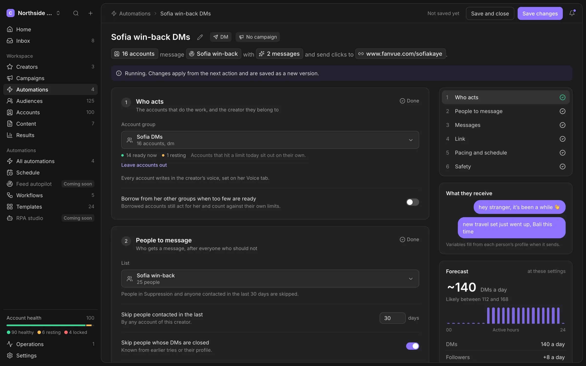 Automation builder with the account-group selection and current group health