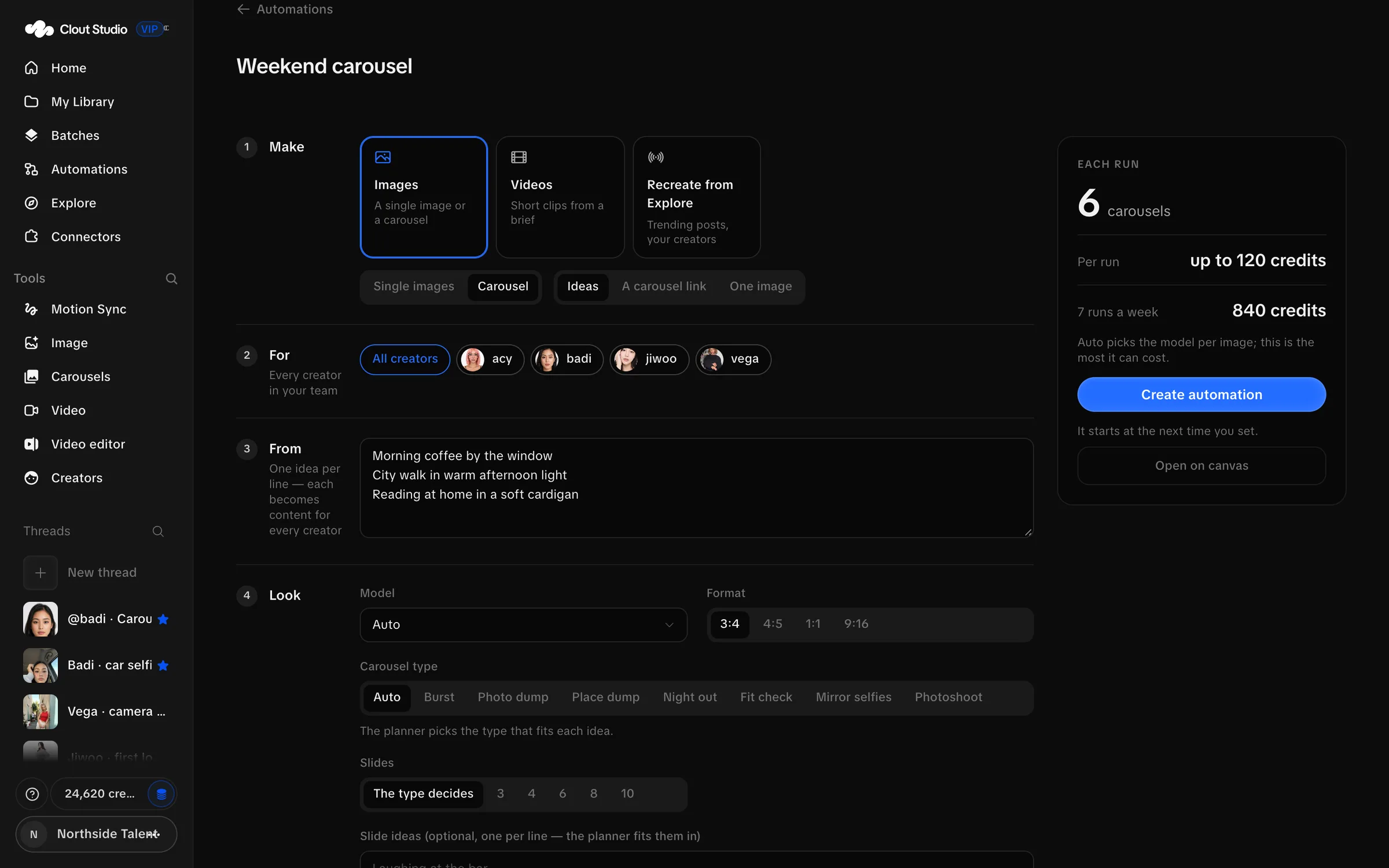 Automation builder configured for repeated carousel production