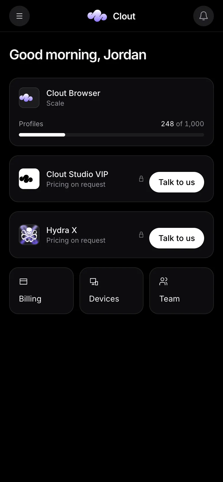 Mobile portal home with product cards and account shortcuts