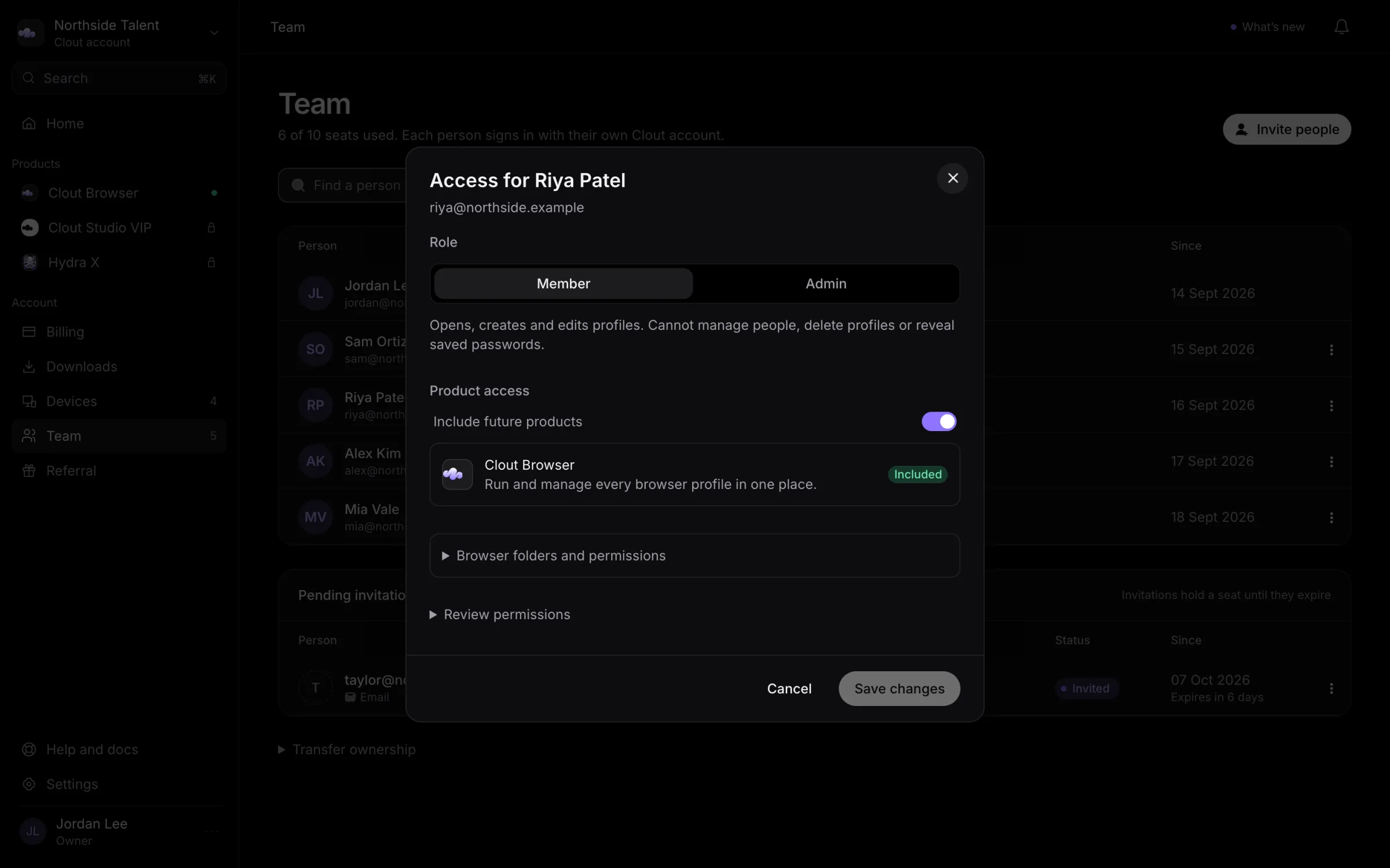 Access editor for Riya Patel with Member role and Clout Browser included