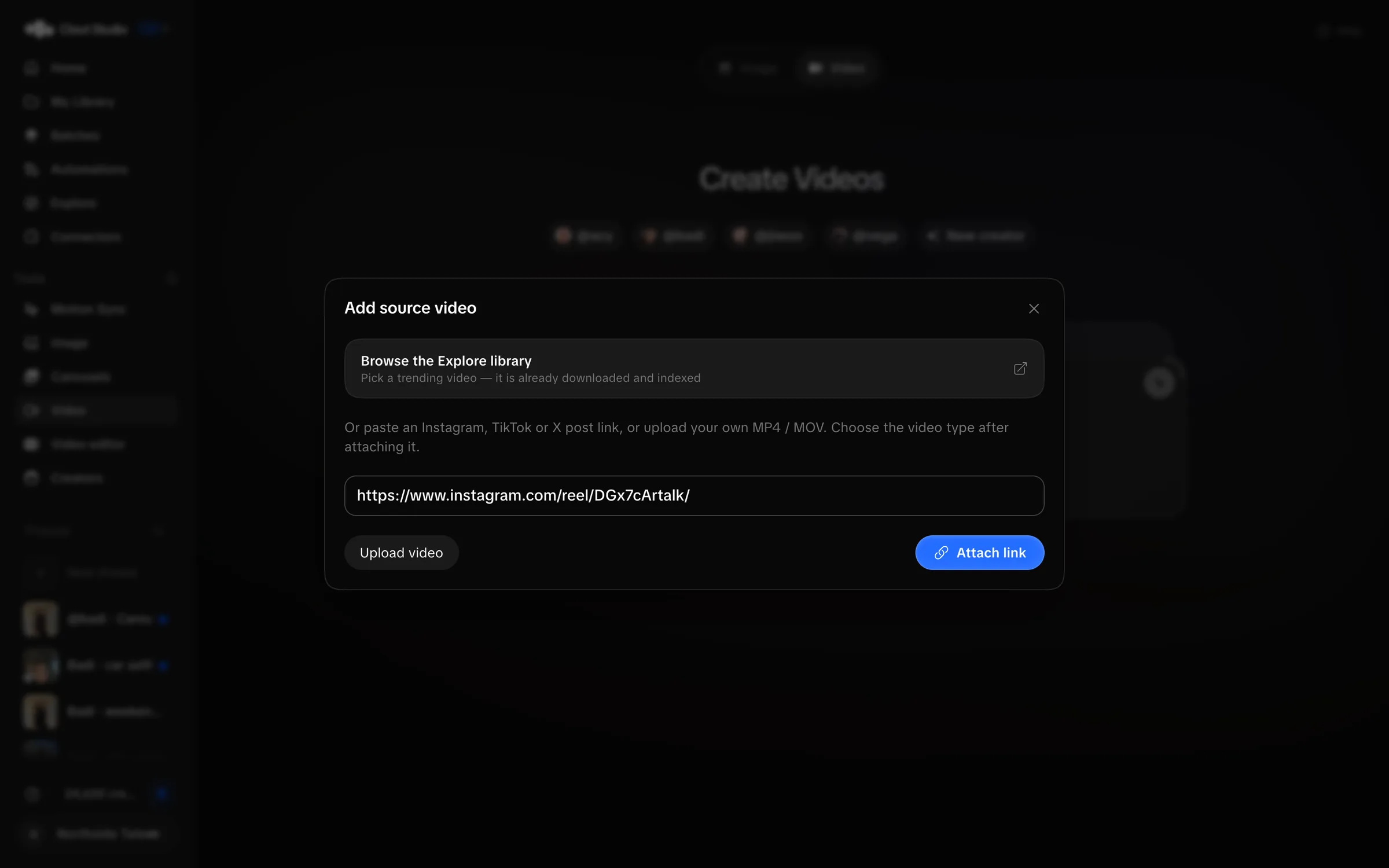 Add source video dialog with link, upload and Explore choices