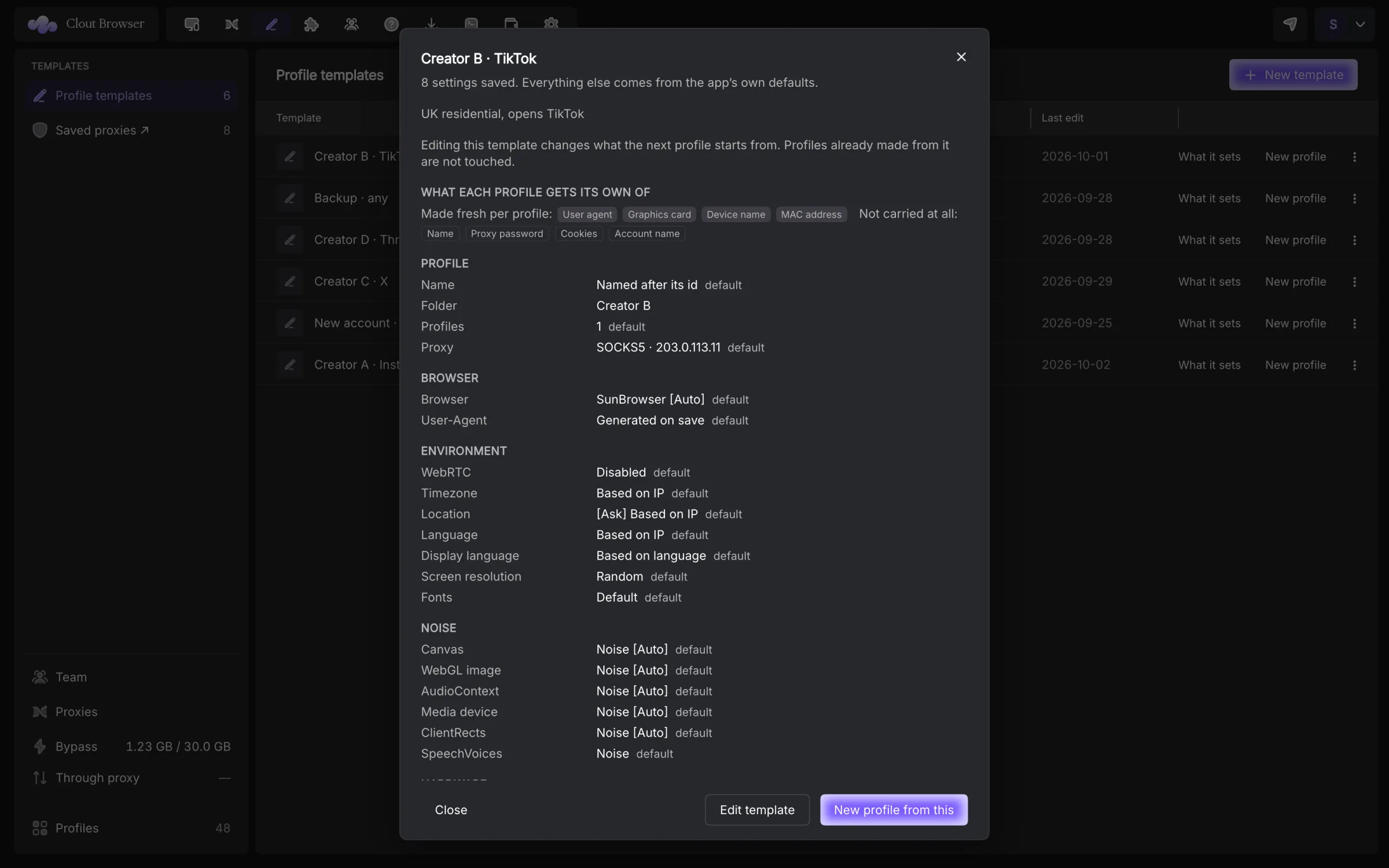 Template details showing reusable and freshly generated values