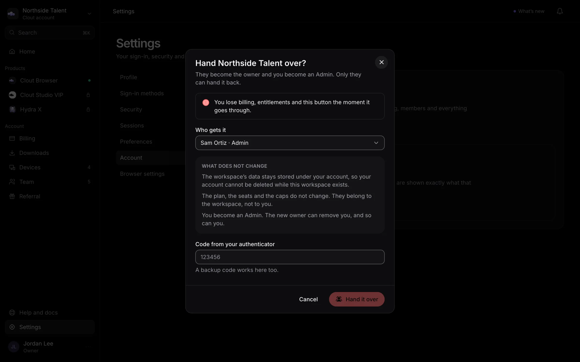 Ownership handover dialog selecting Sam Ortiz as the new owner